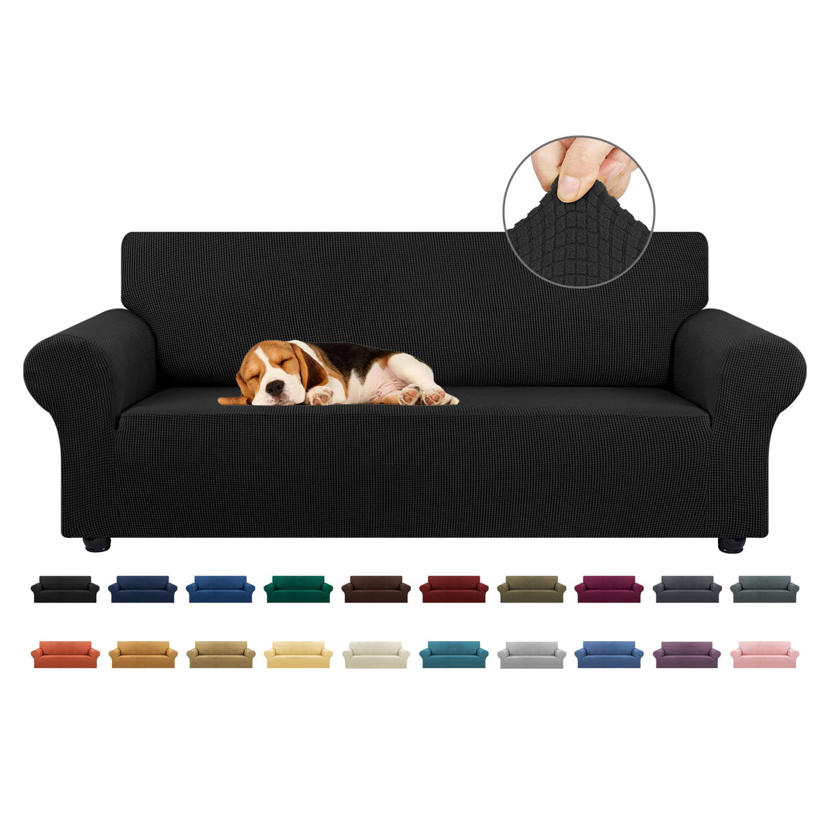 KEKUOU Stretch Couch Covers for Sofa, 3 Cushion Couch Slipcover,Black