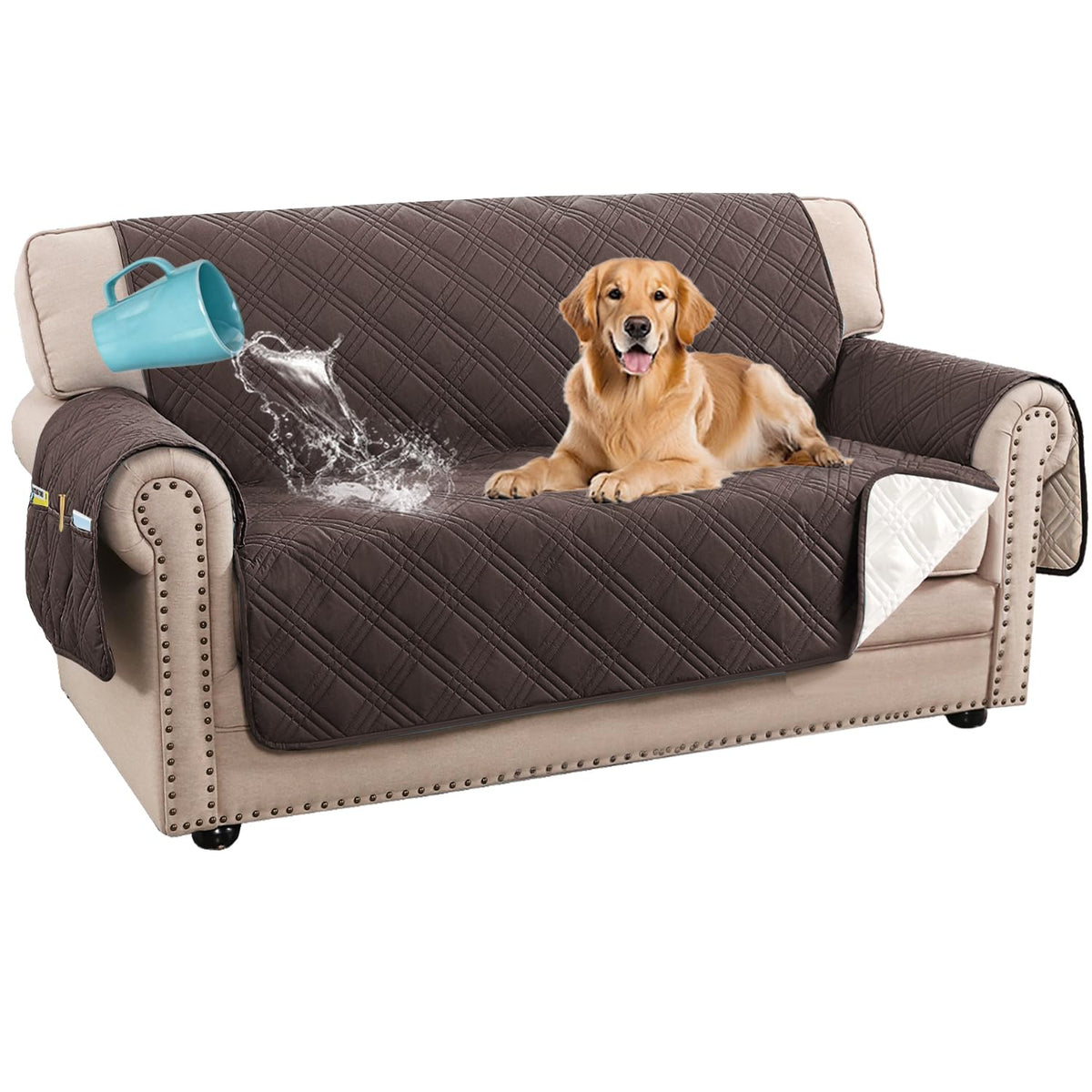 H.VERSAILTEX 100% Waterproof Couch Covers for 3 Cushion Couch Sofa Modern Sofa Slipcovers with Elastic Straps Thick Soft Furniture Protector Pet Friendly(Sofa, Grey/Beige)