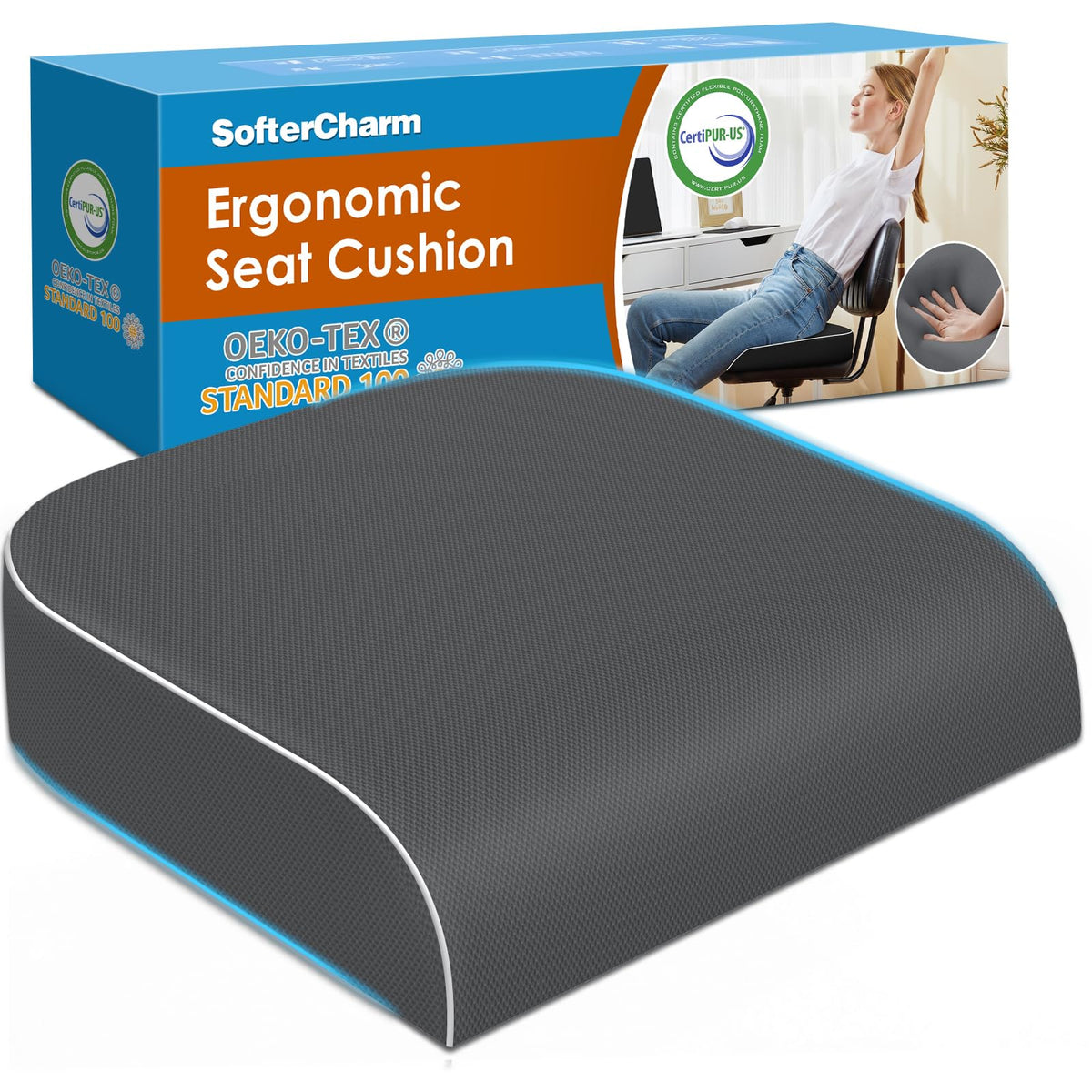 Seat Cushion, Memory Foam Office Chair Cushion, Black, Large