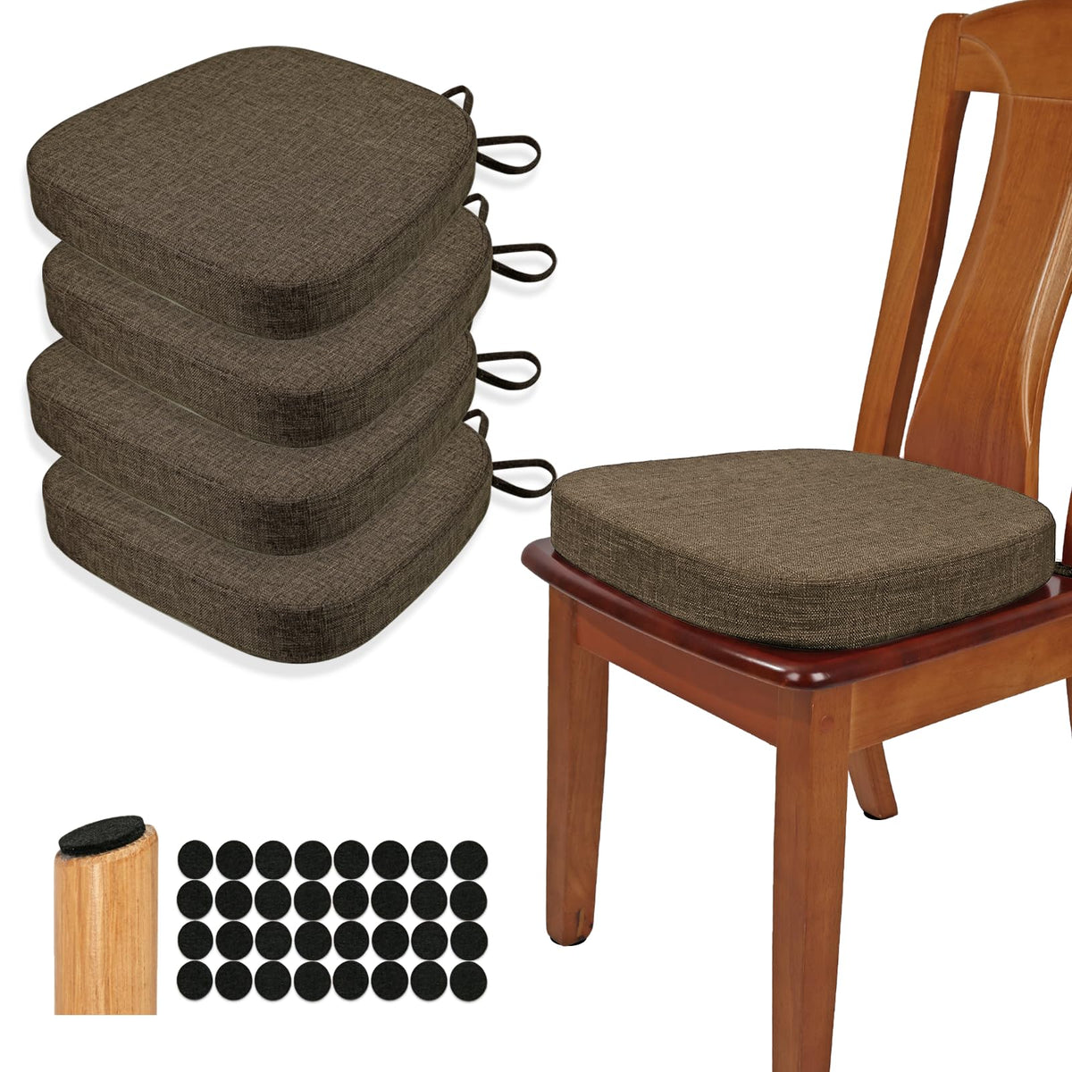 BUYUE Thickened 2.5" Dining Chair Cushions Set of 4, U-Shape High Density Foam Comfortable Chair Pads for Kitchen, Slip Resistant Indoor Seat Cushions (4 PCS, Dark Gray)