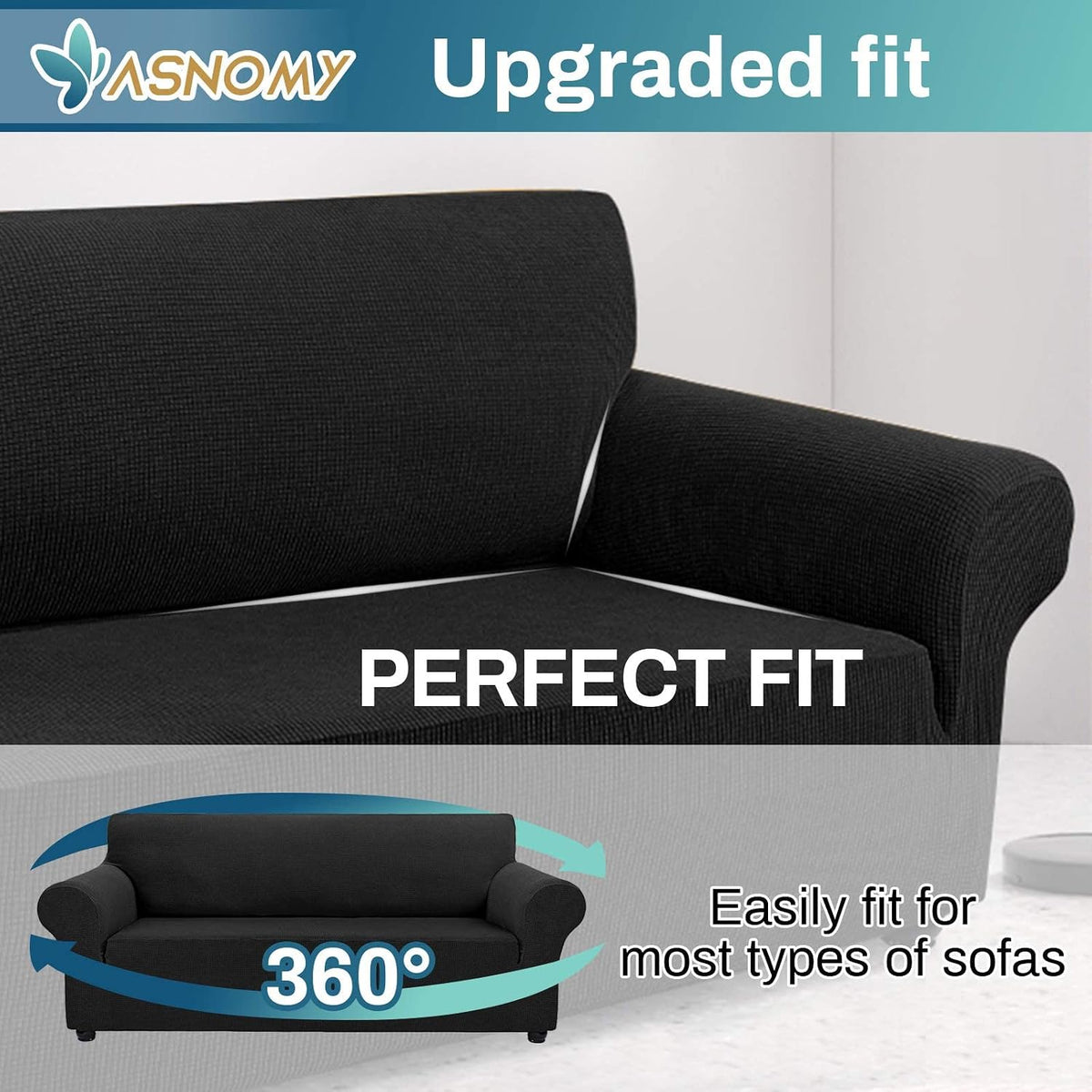 Asnomy Stretch Couch Covers for Sofa Washable, 3 Cushion Couch,Black