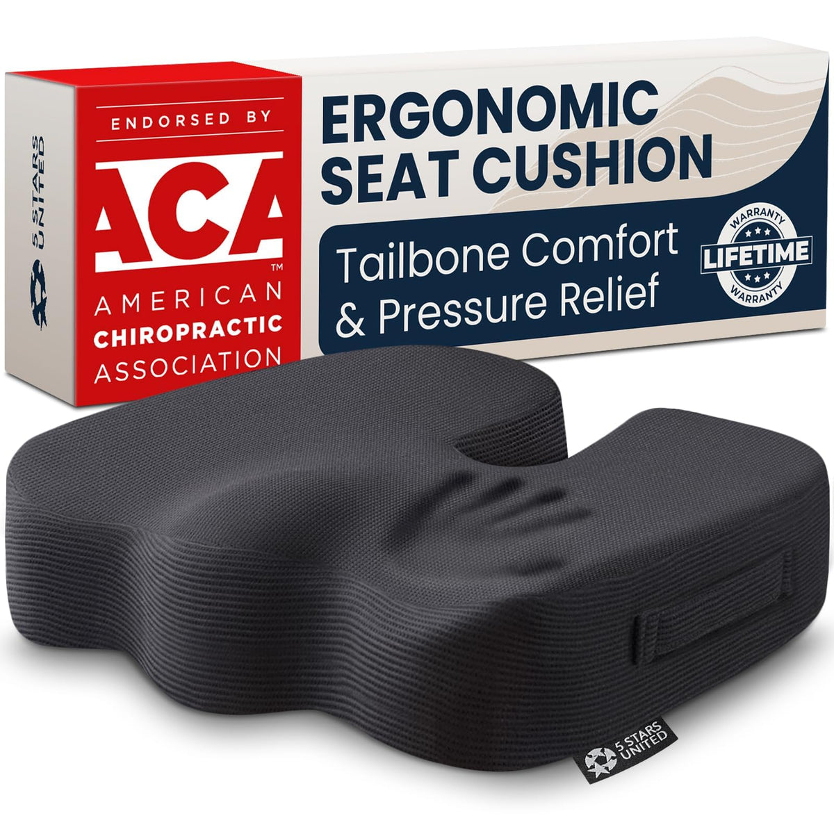 5 STARS UNITED Seat Cushion - Memory Foam Chair Pad for Tailbone Pain Relief - Ergonomic Support for Coccyx, Sciatica & Butt - Office, Desk & Gaming Chair, Car Seat, Wheelchair, Airplane, Black