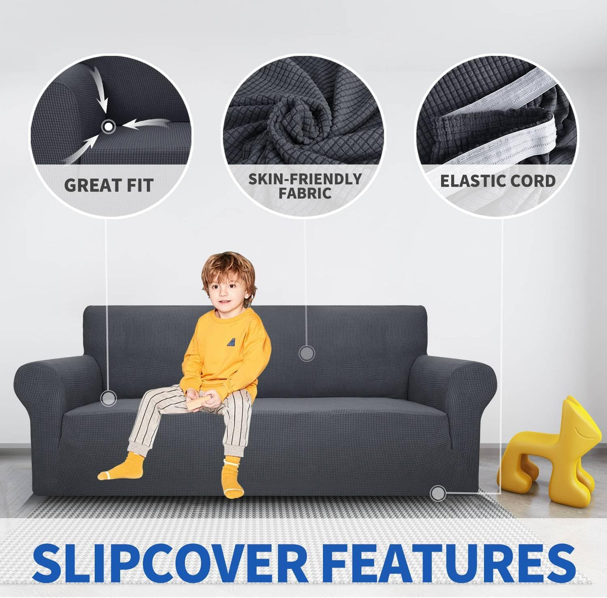MAXIJIN Super Stretch Couch Cover for 3 Cushion Couch, 1-Piece Universal Sofa Covers Living Room Jacquard Spandex Furniture Protector Dogs Pet Friendly Fitted (Large, Gray)