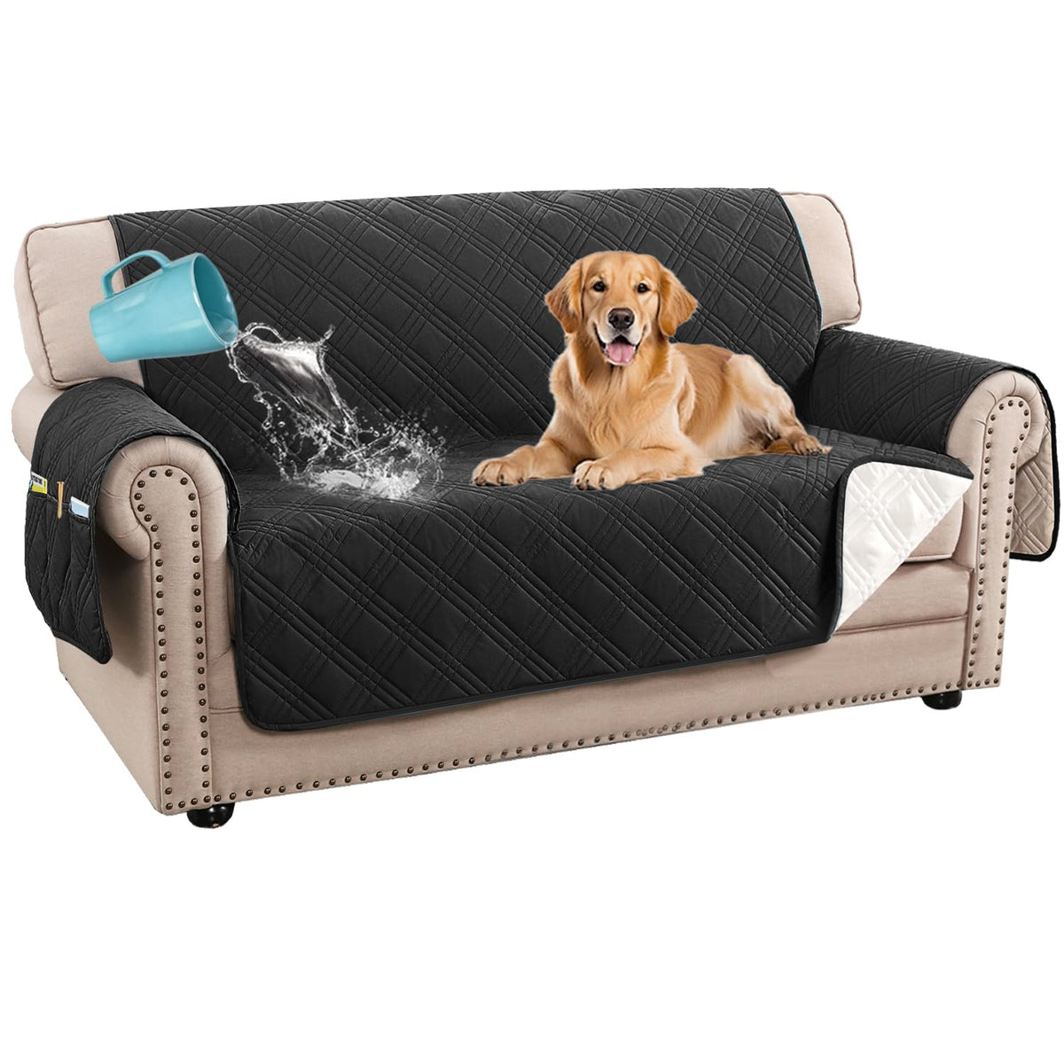 H.VERSAILTEX 100% Waterproof Couch Covers for 3 Cushion Couch Sofa Modern Sofa Slipcovers with Elastic Straps Thick Soft Furniture Protector Pet Friendly(Sofa, Grey/Beige)