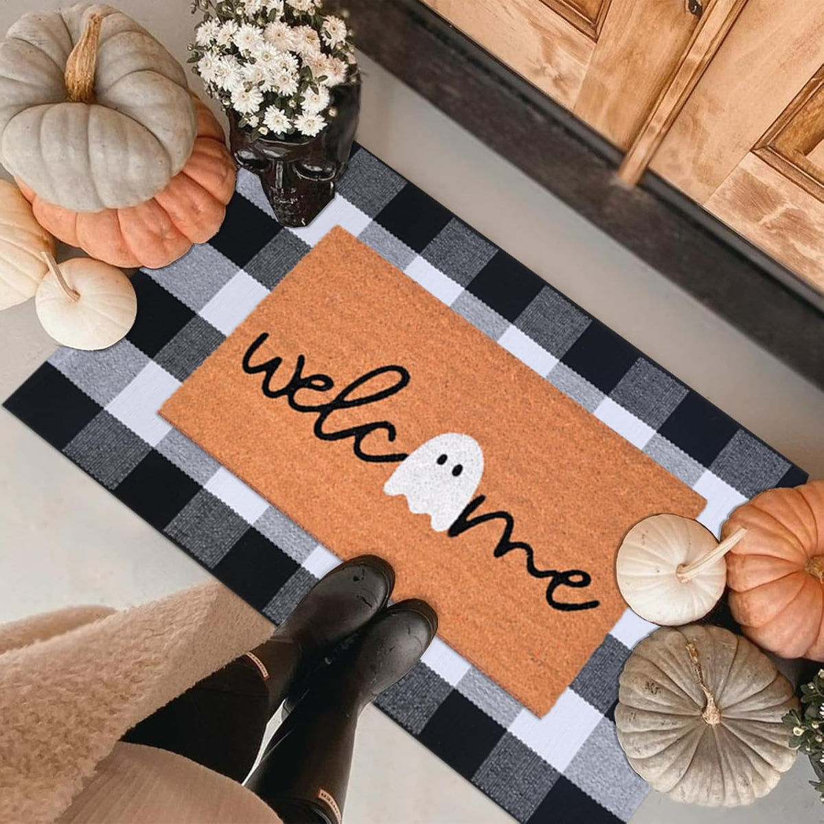 Halloween Door Mat Combo Set, Welcome Ghost Coco Coir Welcome Doormat + 28" x 43" Black and White Plaid Rug, Autumn Halloween Front Porch Entryway Decor Floor Mat