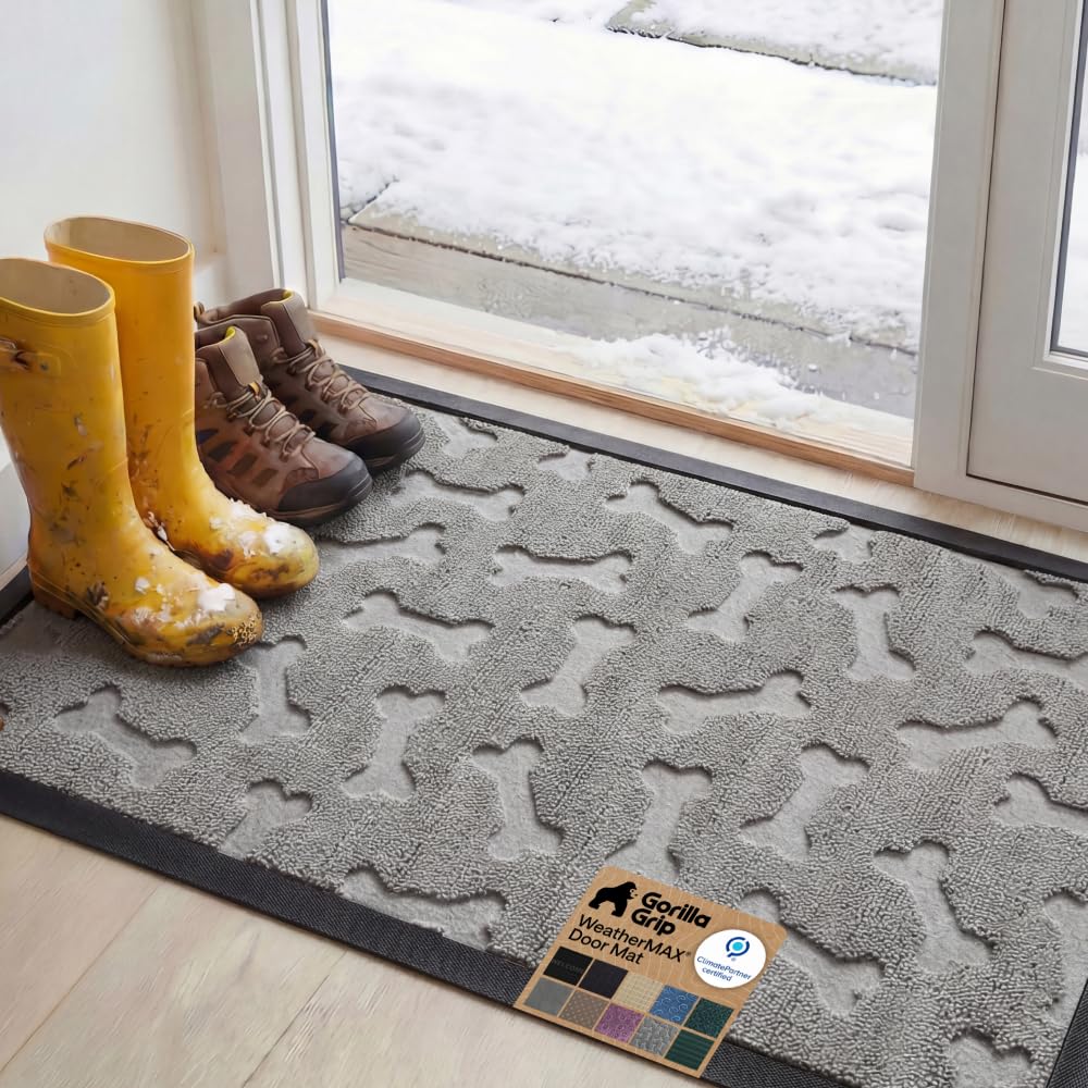 GORILLA GRIP WeatherMAX Door Mat, Indoor Outdoor Use, 29x17 Gray Diamond