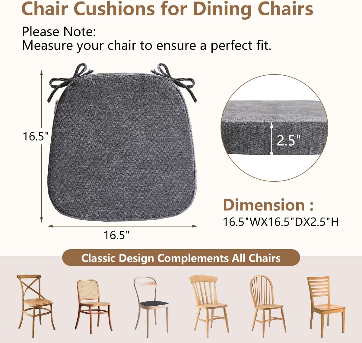 Chair Cushions for Dining Chairs, Washable Chair Pads, Gray, 4 Pack