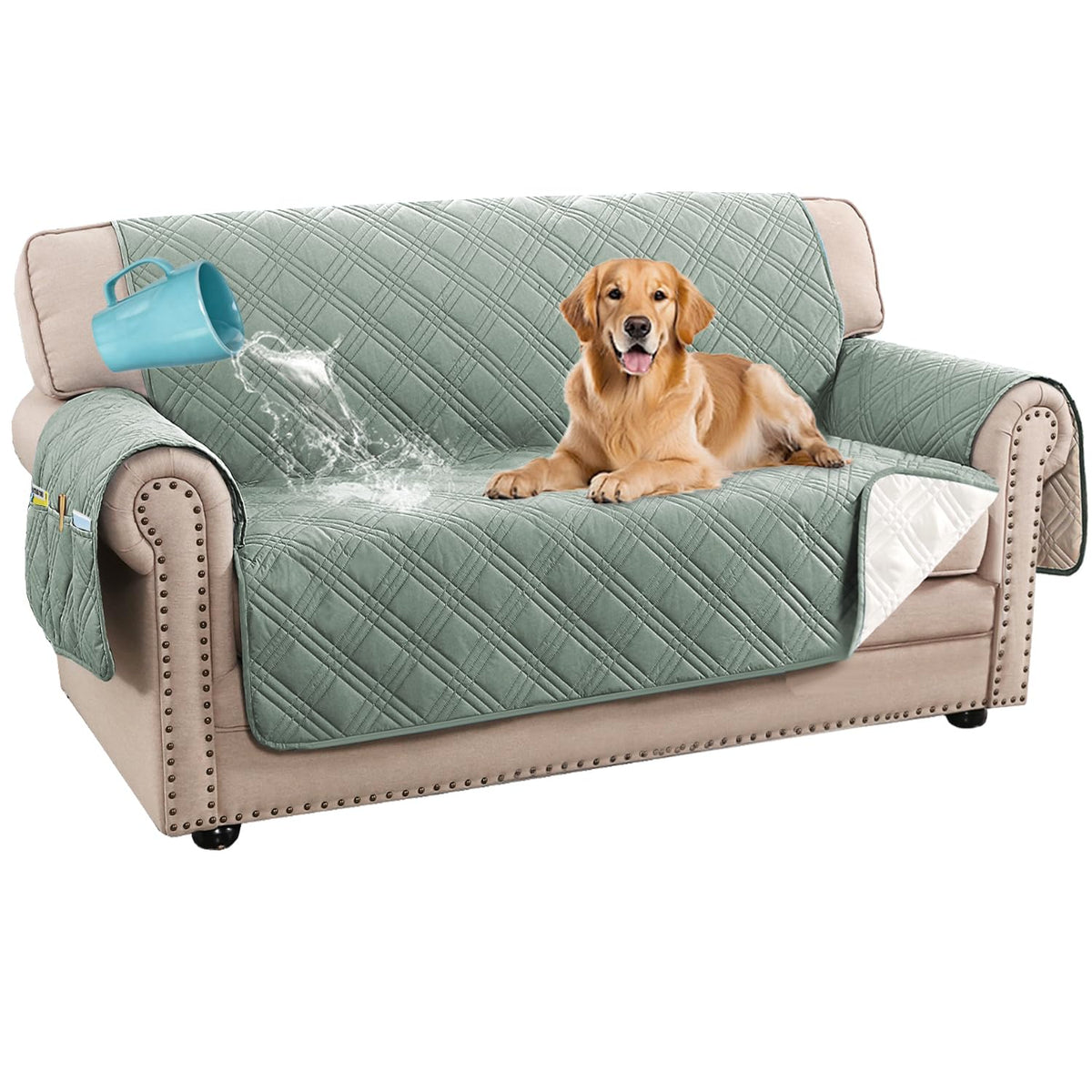 H.VERSAILTEX 100% Waterproof Couch Covers for 3 Cushion Couch Sofa Modern Sofa Slipcovers with Elastic Straps Thick Soft Furniture Protector Pet Friendly(Sofa, Grey/Beige)