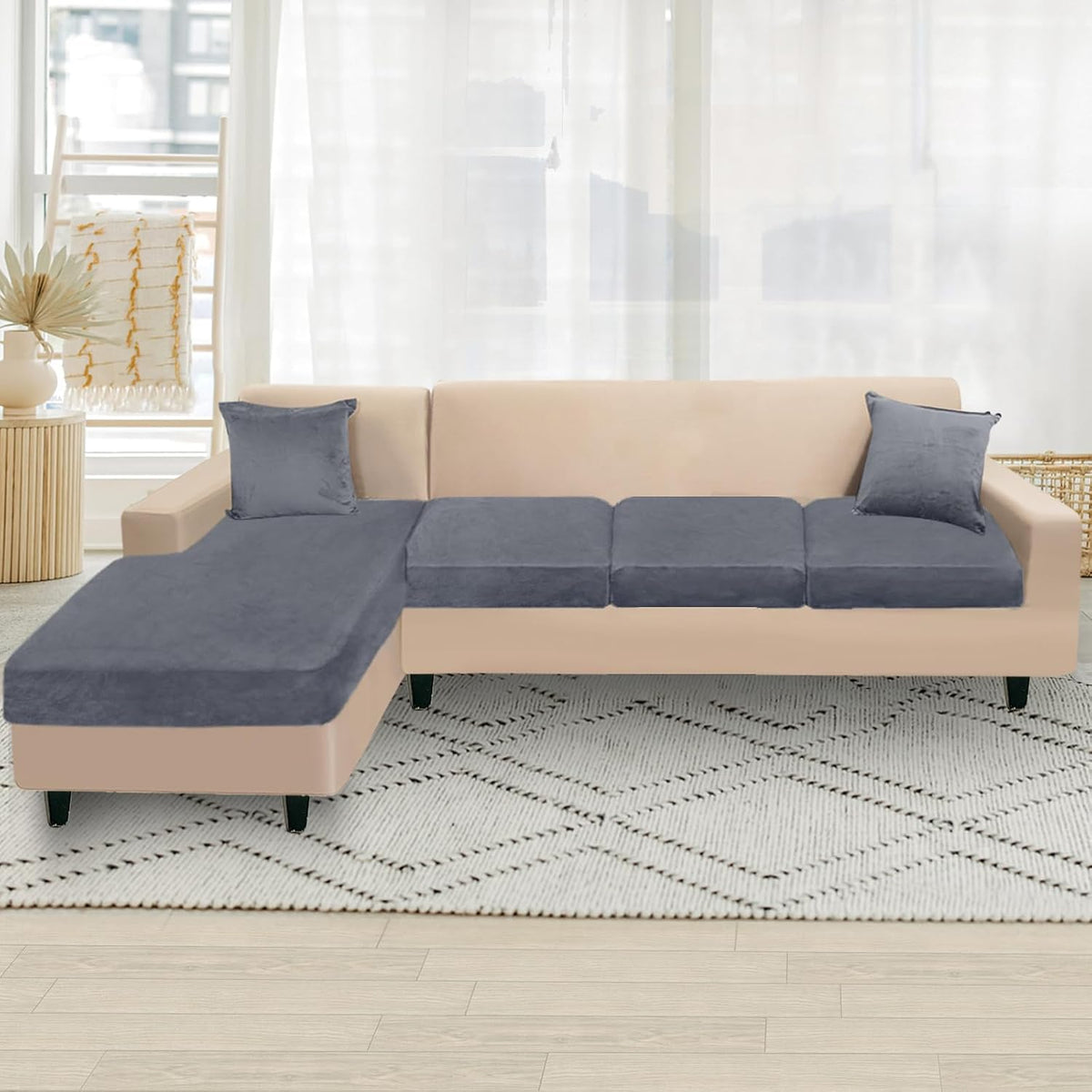 NAISI Sectional Couch Cover 4 Pieces Velvet Separate Couch Cushion Covers L Shape Soft Stretch Sofa Slipcovers with 2pcs Pillowcases for Left/Right Chaise Sectional Couch(3 Seater+1 Chaise,Dark Grey)