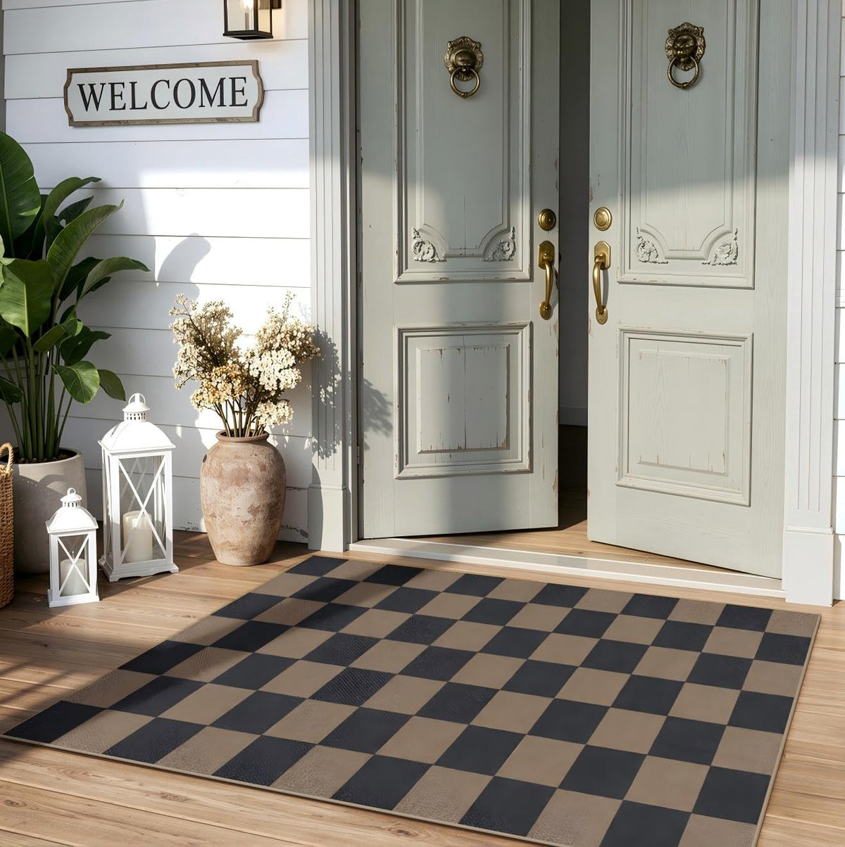 Lahome Checkered Easy Jute 3x5 Entryway Front Porch Rug, Black Diamond Indoor Outdoor Patio Layering Rug, Washable Farmhouse Neutral Non Slip Non Shedding Door Carpet for Backyard Blacony