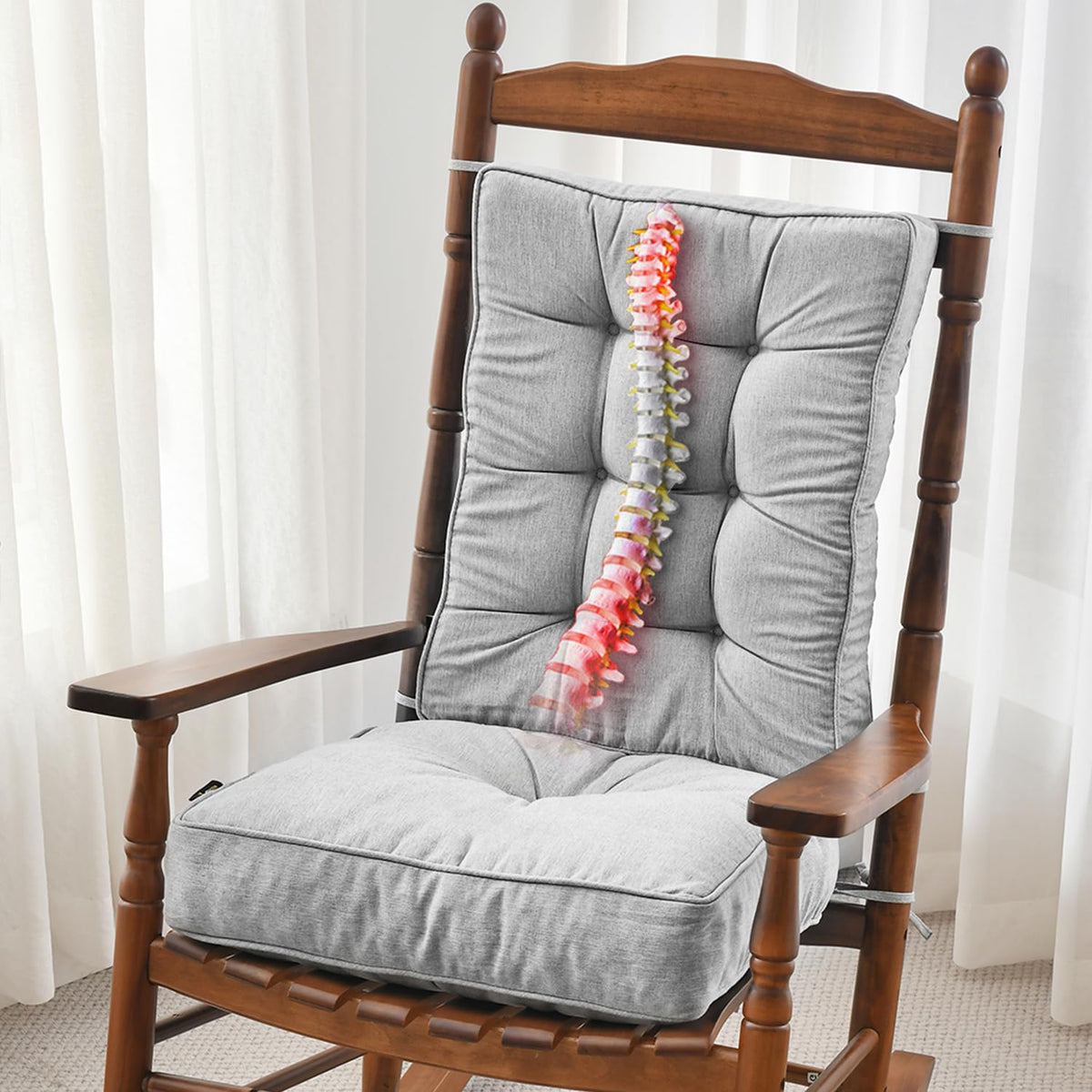 SUNROX Memory Foam Non Slip Rocking Chair Cushion, FadeShield Water Resistant Thicken Durable Tufted Pads, Set of Seat & Back Cushion with Ties for Indoor/Outdoor Rocker, 2 Piece, Husk Birch