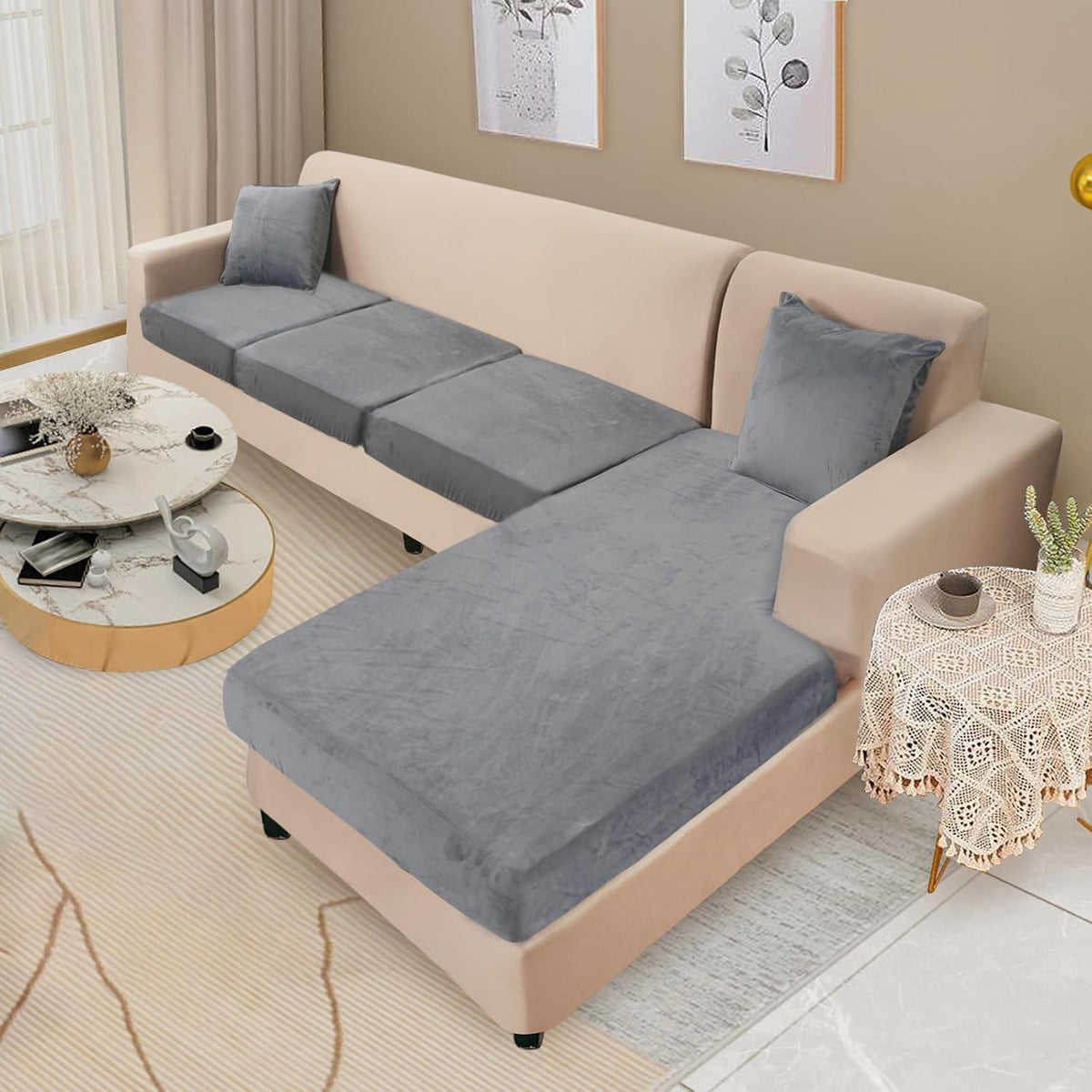 NAISI Sectional Couch Cover 4 Pieces Velvet Separate Couch Cushion Covers L Shape Soft Stretch Sofa Slipcovers with 2pcs Pillowcases for Left/Right Chaise Sectional Couch(3 Seater+1 Chaise,Dark Grey)
