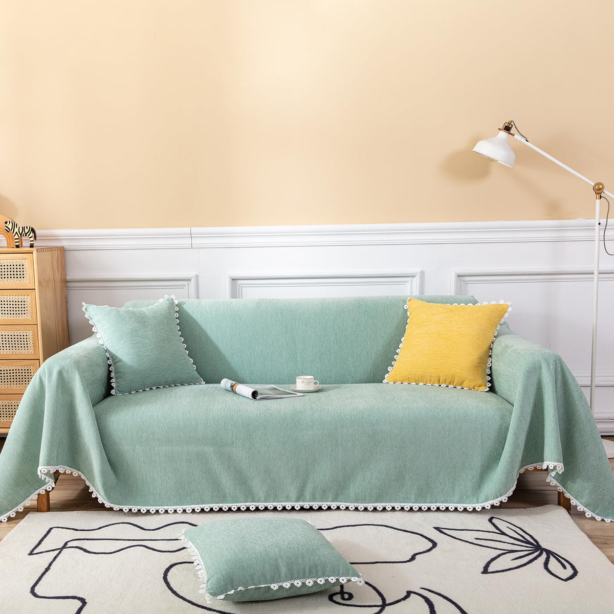 HANDONTIME Green Sofa Cover Vintage Couch Cover for Dogs 71" X118" Couch Cushion Covers with Tassel Herringbone Sofa Cover Boho Sofa Covers for 3 Cushion Couch Chenille Soft Loveseat Sofa Covers