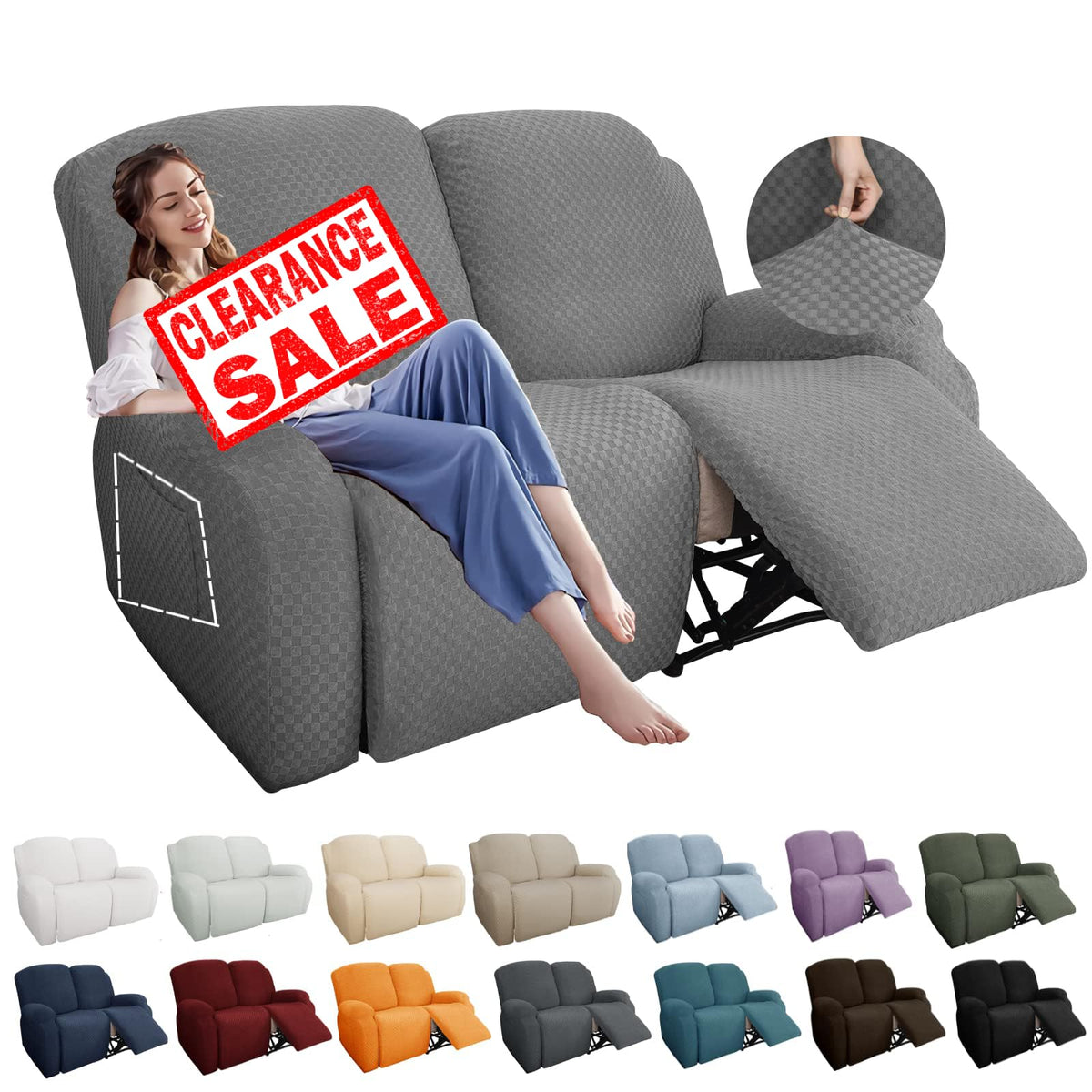 YEMYHOM 8 Pieces Stretch Recliner Sofa Cover Latest Jacquard Reclining Couch Cover with Side Pocket Anti-Slip Fitted 3 Cushion Furniture Slipcovers with Elastic Bottom (Sofa Recliner, Light Gray)