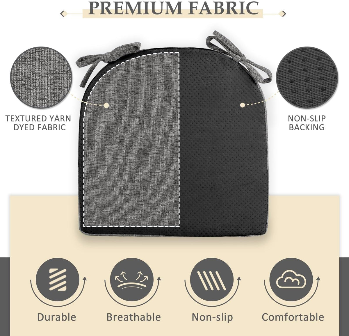 Wellsin Chair Cushions for Dining Chairs 6 Pack - Kitchen Chair Cushions with Ties and Non-Slip Backing - Dining Chair Pads 16"X16"X2", Dark Gray