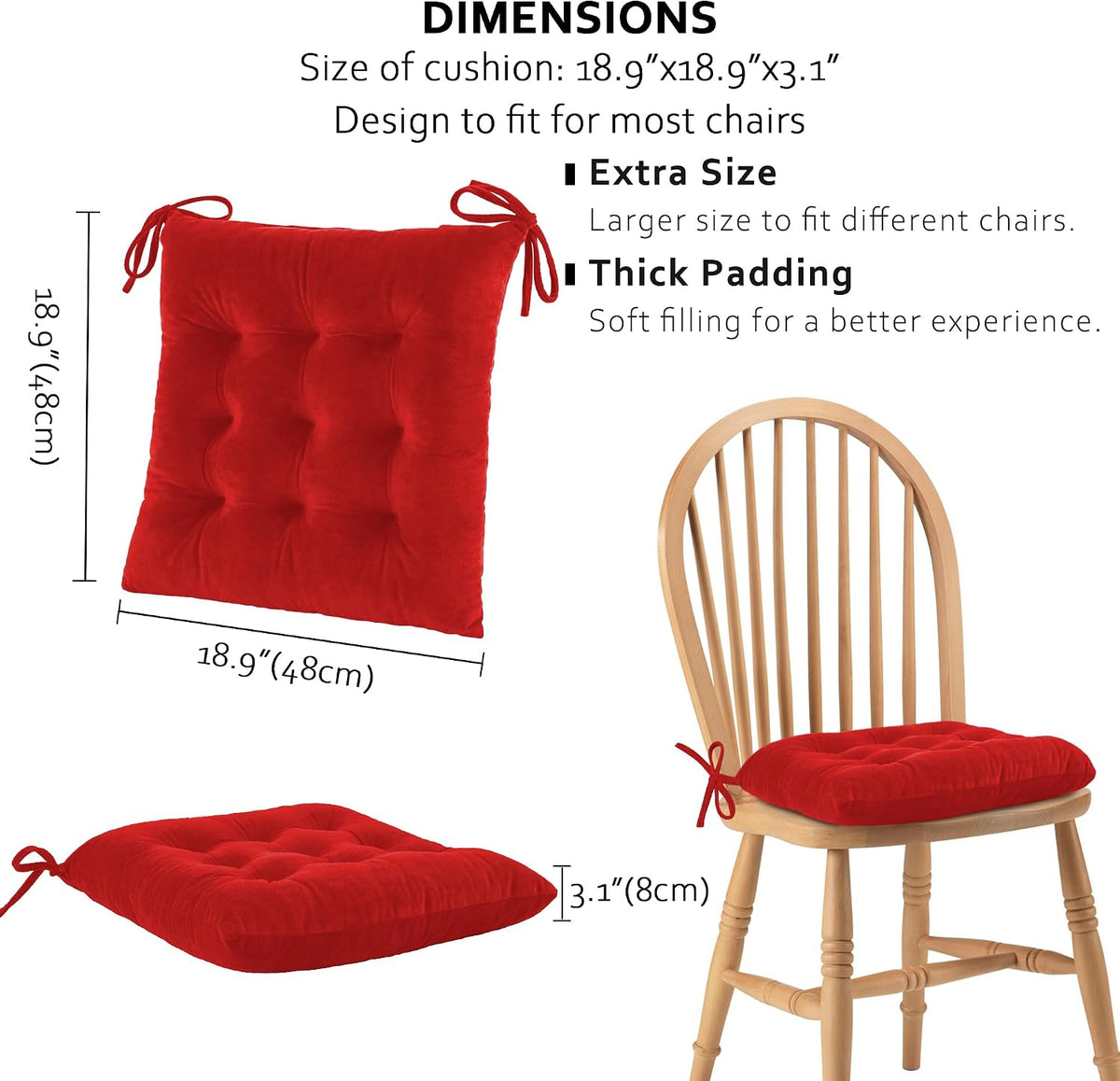 ELFJOY Set of 4 Square Chair Pads Indoor Seat Cushions Pillows with Ties Thick Soft Seat Cushion for Kitchen Dining Office Chair (18", Red)