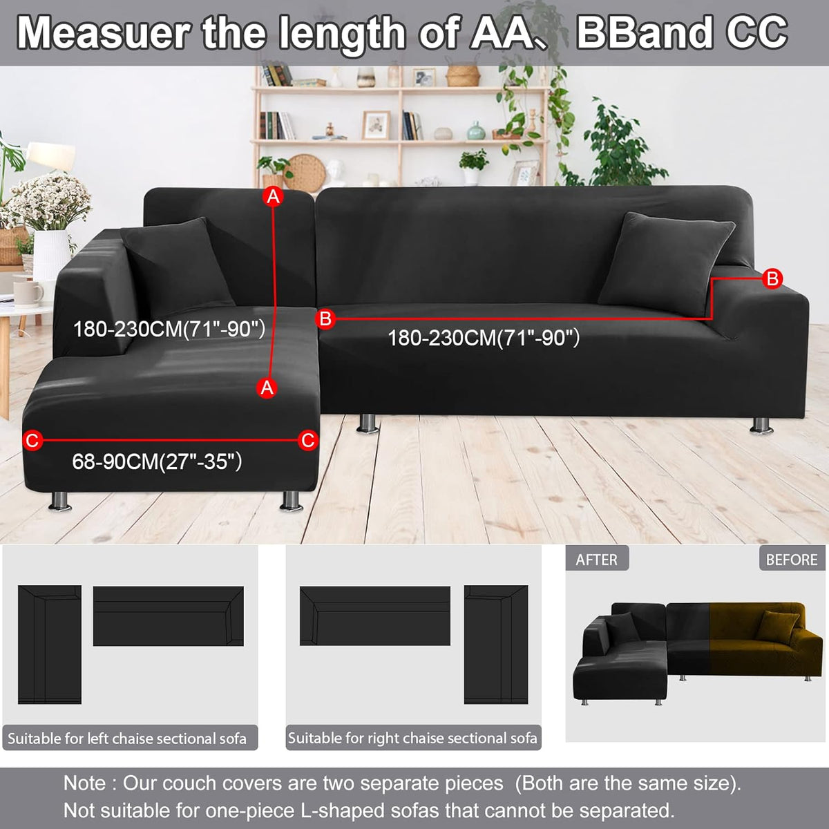 NAISI Couch Cover L Shape 2 Pieces Sofa Cover Soft Stretch Slipcovers with 2pcs Pillowcases Furniture Protector Sectional Couch Covers 3 Seater + 3 Seater(Black)