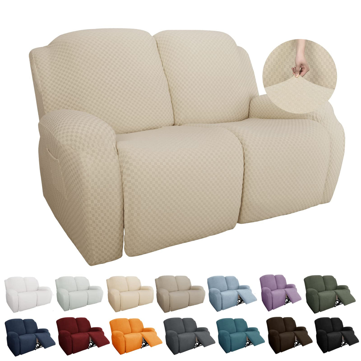 YEMYHOM 8 Pieces Stretch Recliner Sofa Cover Latest Jacquard Reclining Couch Cover with Side Pocket Anti-Slip Fitted 3 Cushion Furniture Slipcovers with Elastic Bottom (Sofa Recliner, Light Gray)