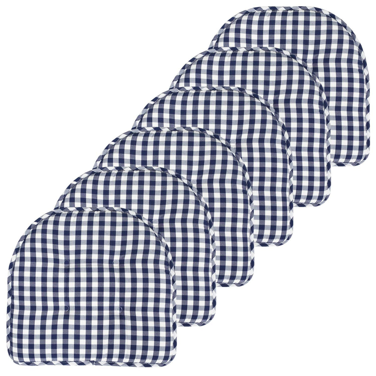 Sweet Home Collection Chair Cushion Memory Foam Pads Tufted Slip Non Skid Rubber Back U-Shaped 17" x 16" Seat Cover, 6 Pack, Checkered Taupe/White