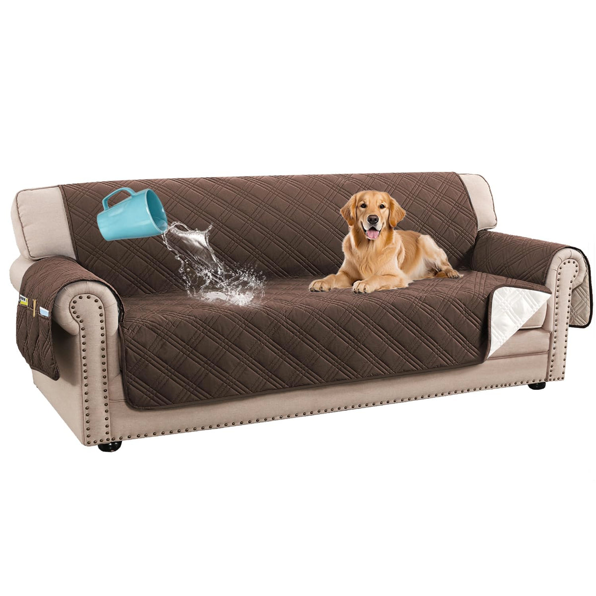 H.VERSAILTEX 100% Waterproof Couch Covers for 3 Cushion Couch Sofa Modern Sofa Slipcovers with Elastic Straps Thick Soft Furniture Protector Pet Friendly(Sofa, Grey/Beige)