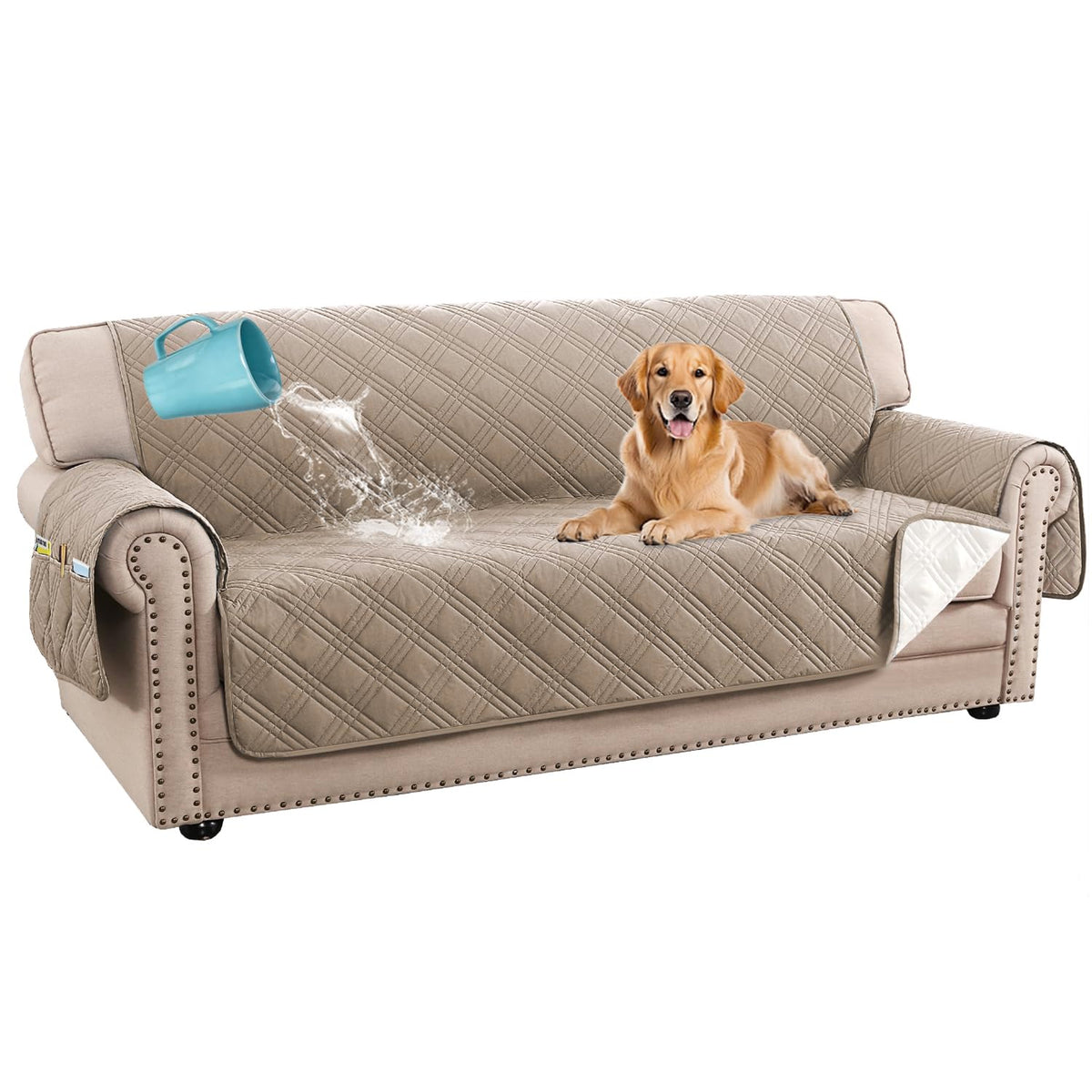 H.VERSAILTEX 100% Waterproof Couch Covers for 3 Cushion Couch Sofa Modern Sofa Slipcovers with Elastic Straps Thick Soft Furniture Protector Pet Friendly(Sofa, Grey/Beige)