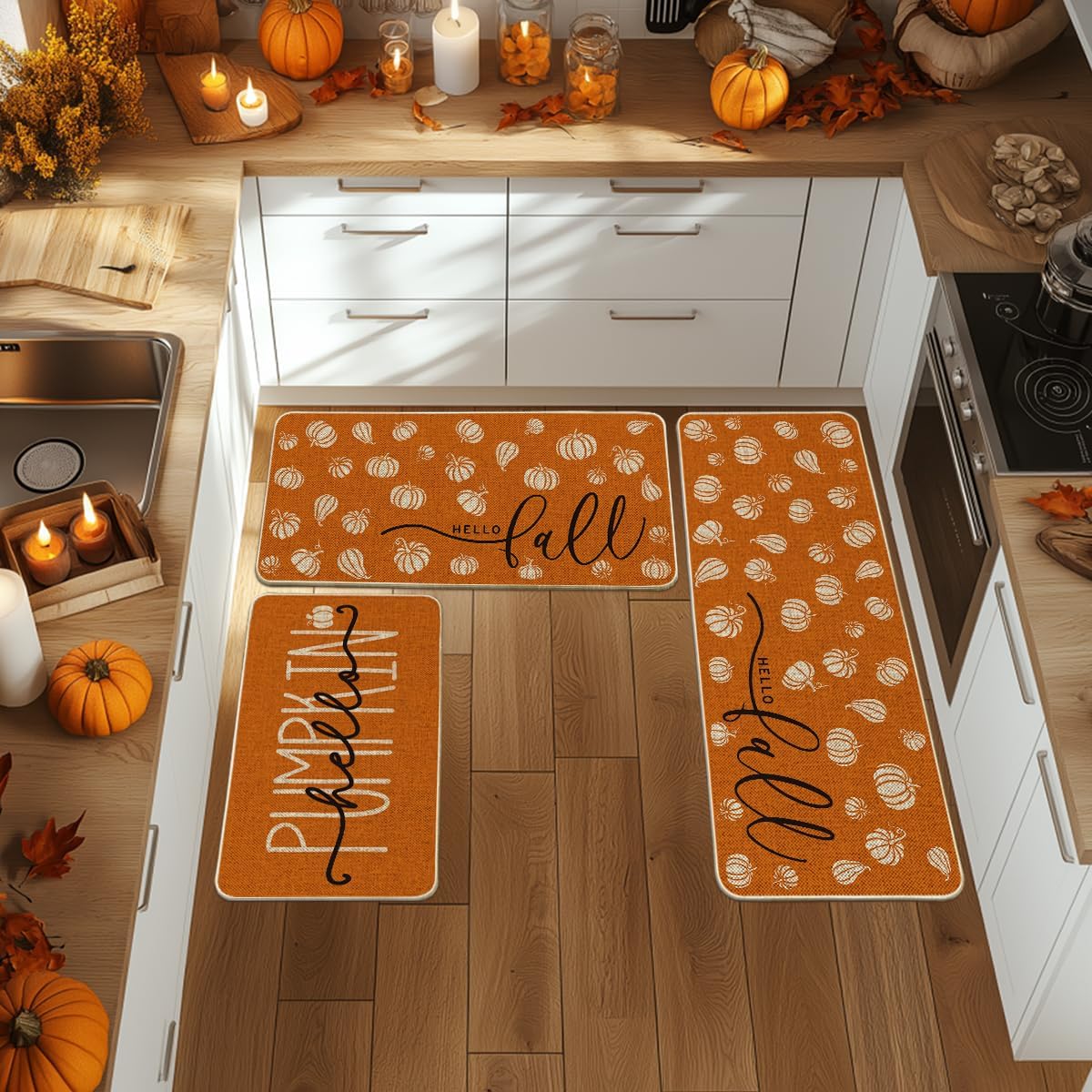 Artoid Mode Orange Hello Pumpkin Fall Kitchen Mats Set of 2 - 17x29+17x47"