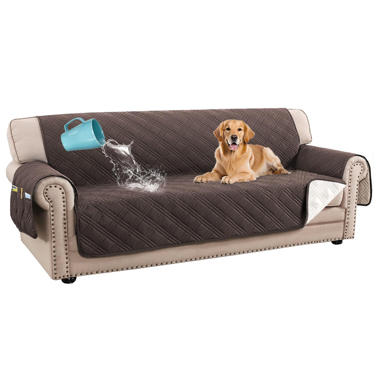 H.VERSAILTEX 100% Waterproof Couch Covers for 3 Cushion Couch Sofa Modern Sofa Slipcovers with Elastic Straps Thick Soft Furniture Protector Pet Friendly(Sofa, Grey/Beige)