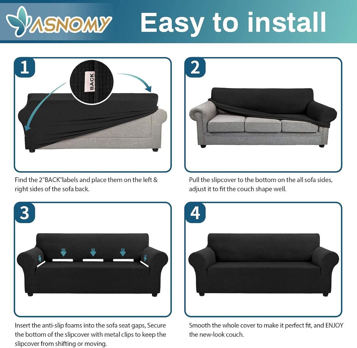 Asnomy Stretch Couch Covers for Sofa Washable, 3 Cushion Couch,Black