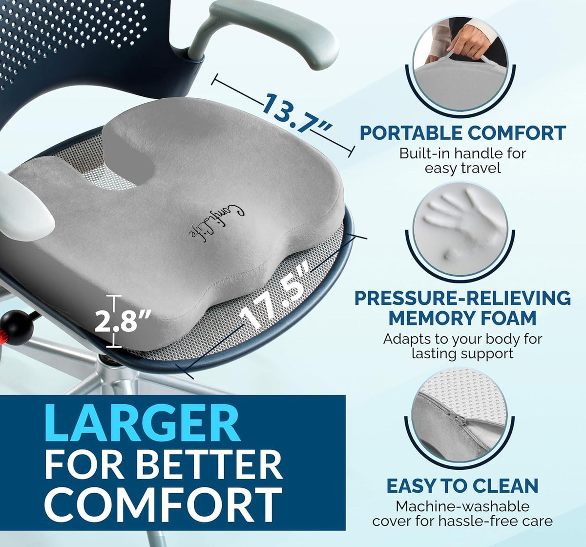 ComfiLife Doctor Recommended Seat Cushion - Premium Gel & Memory Foam Office Chair, Car Seat, Lifting Cushion - Chair Cushions for Back & Sciatica Relief - Seat Cushions for Office & Desk (Gray)