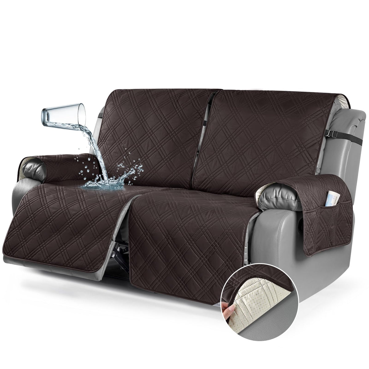 TAOCOCO 100% Waterproof Recliner Sofa Cover Non Slip Couch Cover for 3 Seat Reclining Sofa, Split Reclining Couch Covers 3-Piece with Straps, Washable Sofa Slipcover for Kids Pets(3 Seater, Chocolate)