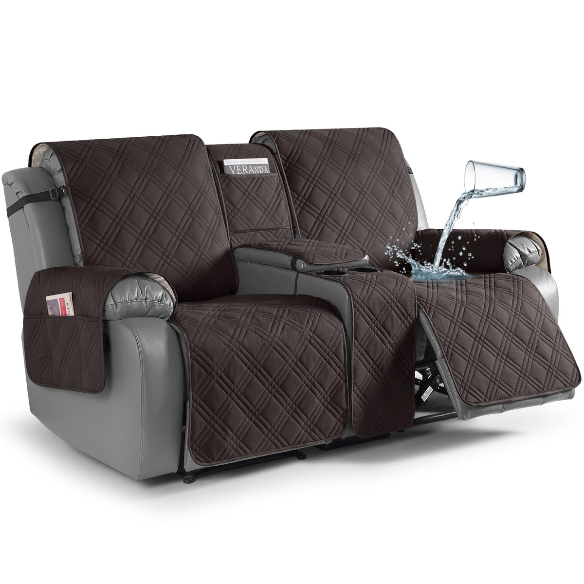 TAOCOCO Loveseat Recliner Cover with Center Console, 100% Waterproof Pet Cover for Dual Recliner with Straps Design, Split Reclining Loveseat Covers Furniture Pet&Kids Protector (2 Seater, Chocolate)