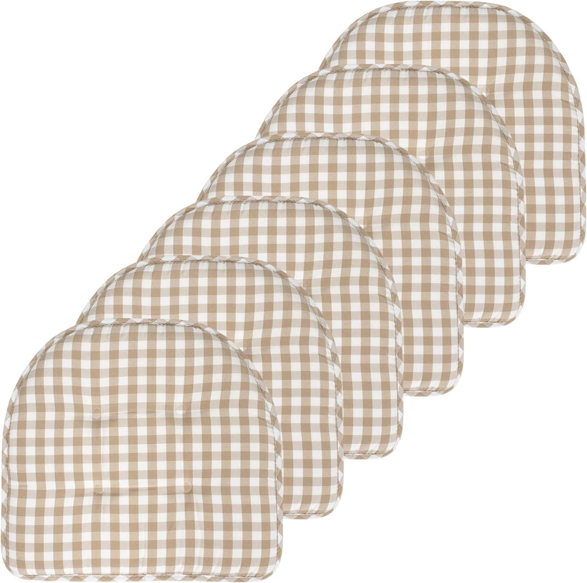 Sweet Home Collection Chair Cushion Memory Foam Pads Tufted Slip Non Skid Rubber Back U-Shaped 17" x 16" Seat Cover, 6 Pack, Checkered Taupe/White