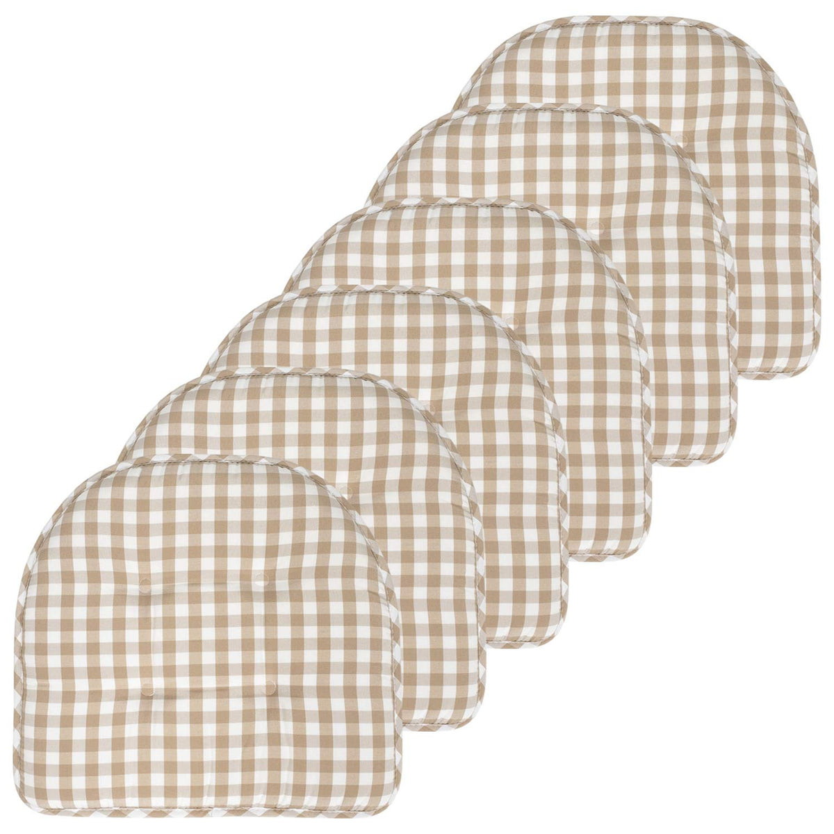 Sweet Home Collection Chair Cushion Memory Foam Pads Tufted Slip Non Skid Rubber Back U-Shaped 17" x 16" Seat Cover, 6 Pack, Checkered Taupe/White