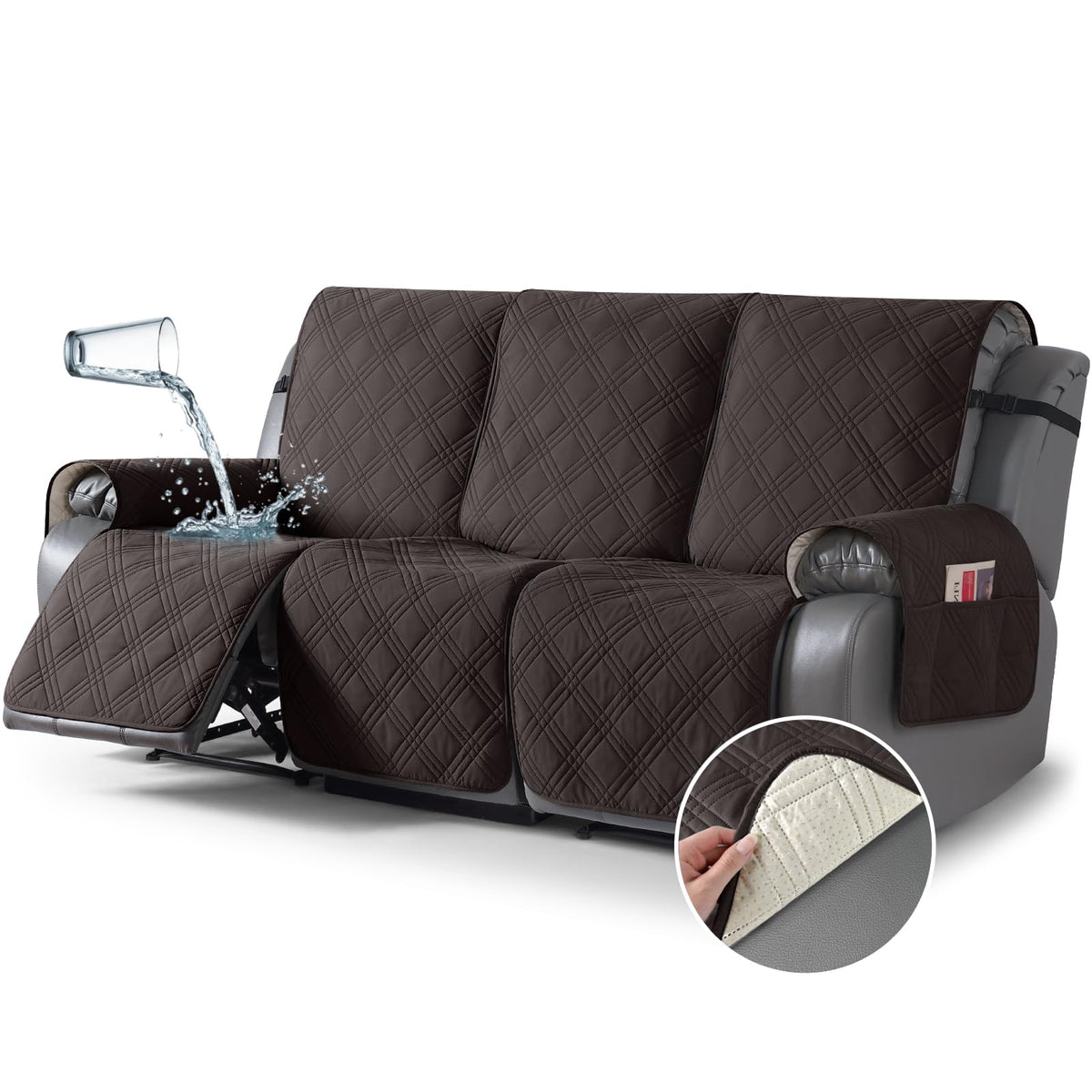 TAOCOCO 100% Waterproof Recliner Sofa Cover Non Slip Couch Cover for 3 Seat Reclining Sofa, Split Reclining Couch Covers 3-Piece with Straps, Washable Sofa Slipcover for Kids Pets(3 Seater, Chocolate)
