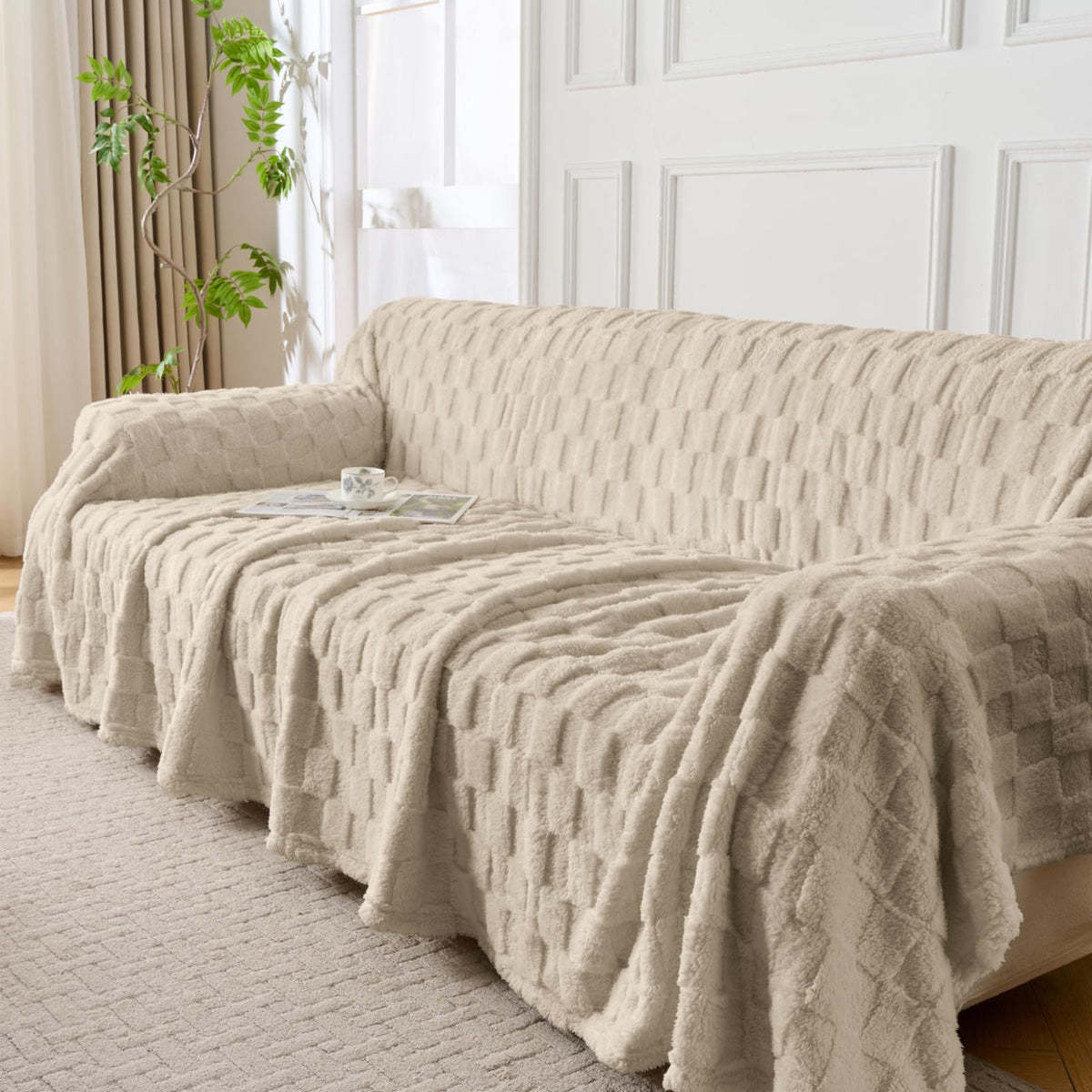Fuzzy Hobo Couch Cover for Sectional Sofa, Sofa Slipcover for 2 Cushion Couch, 71"x118" Caramel Non-Slip Washable Loveseat Cover, Sofa Protector for Dogs