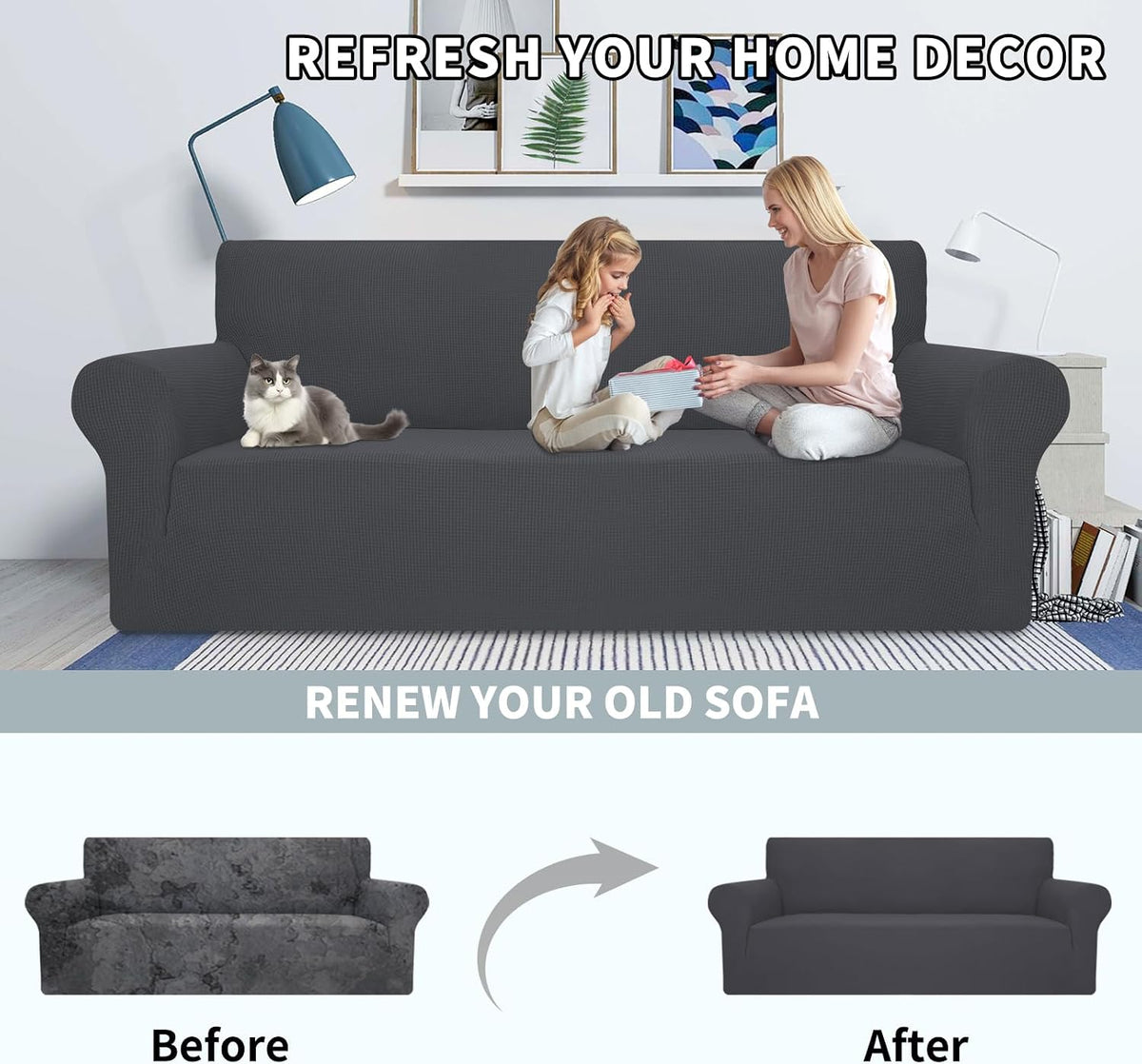 MAXIJIN Super Stretch Couch Cover for 3 Cushion Couch, 1-Piece Universal Sofa Covers Living Room Jacquard Spandex Furniture Protector Dogs Pet Friendly Fitted (Large, Gray)