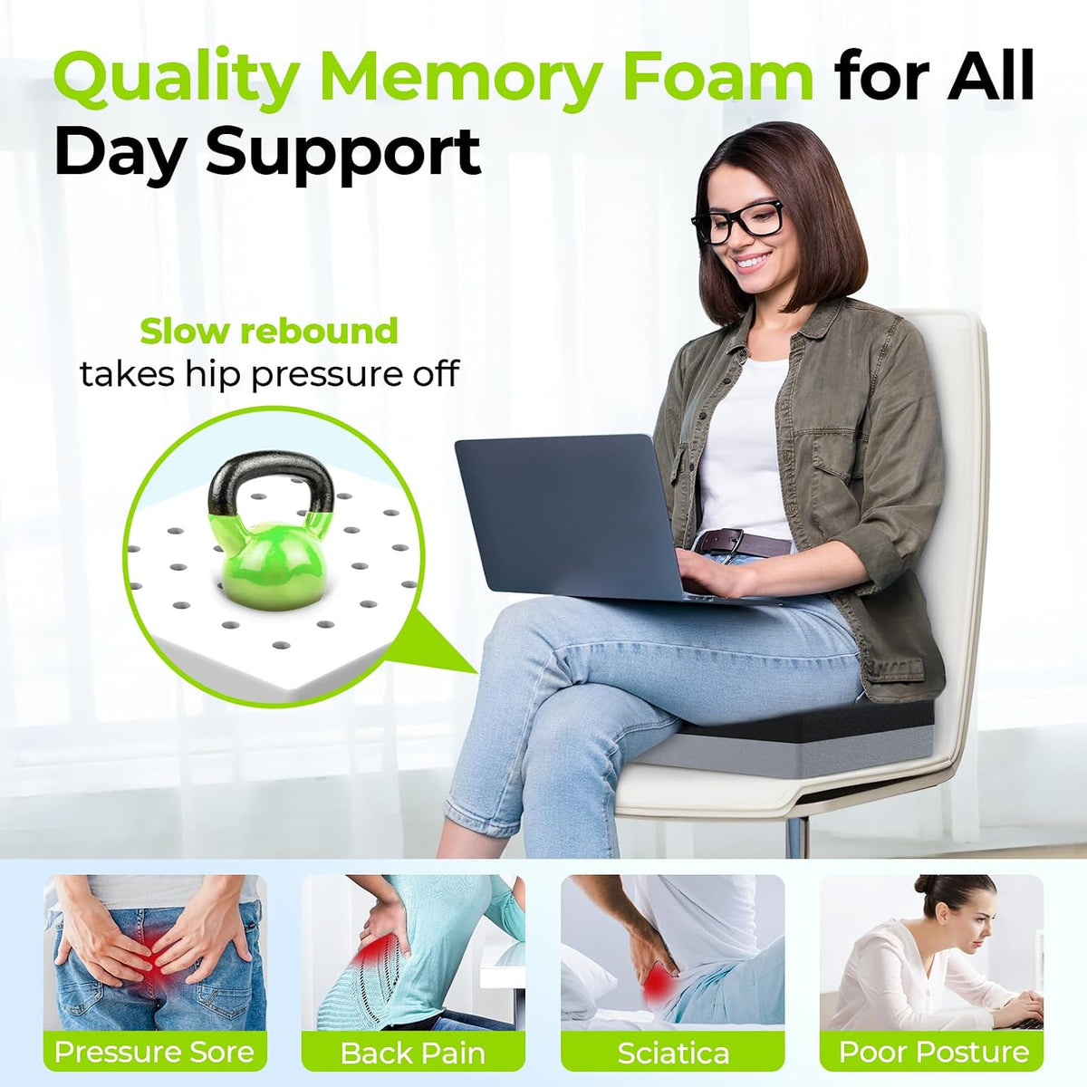 AUVON Ventilation Seat Cushion with Innovation Heat Dissipation Design, Wheelchair Cushion with Supportive Memory Foam, Waterproof & Anti-Slip Cover, Improve Lower Back Comfort (Black, X-Large)