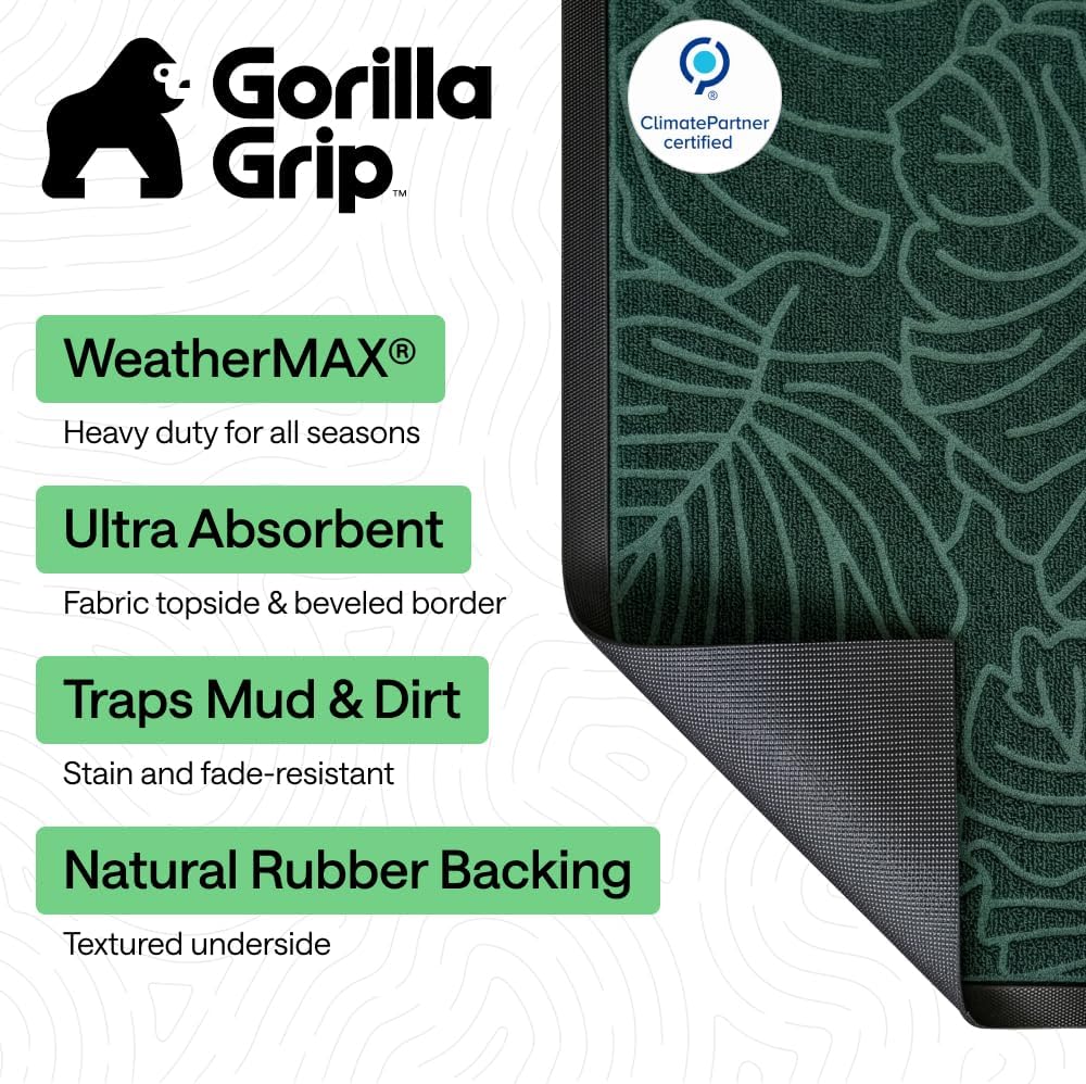 GORILLA GRIP WeatherMAX Door Mat, Indoor Outdoor Use, 29x17, Green Palm