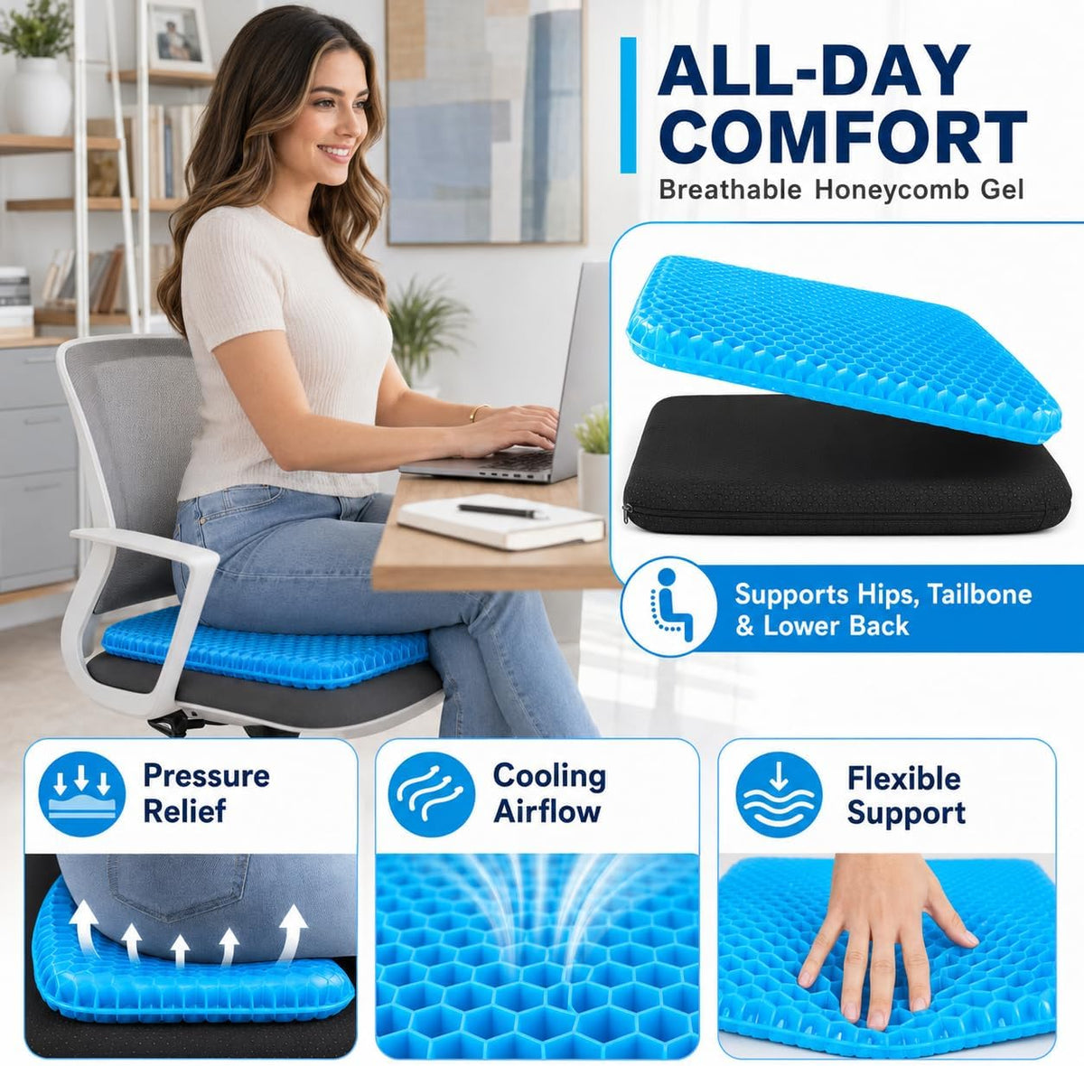 Gel Seat Cushion for Long Sitting, Gel Chair Cushion, Tailbone & Coccyx Pain Relief, Ergonomic Office Chair Pad, Breathable for Car Seat & Wheelchair Large & Thick (Blue)