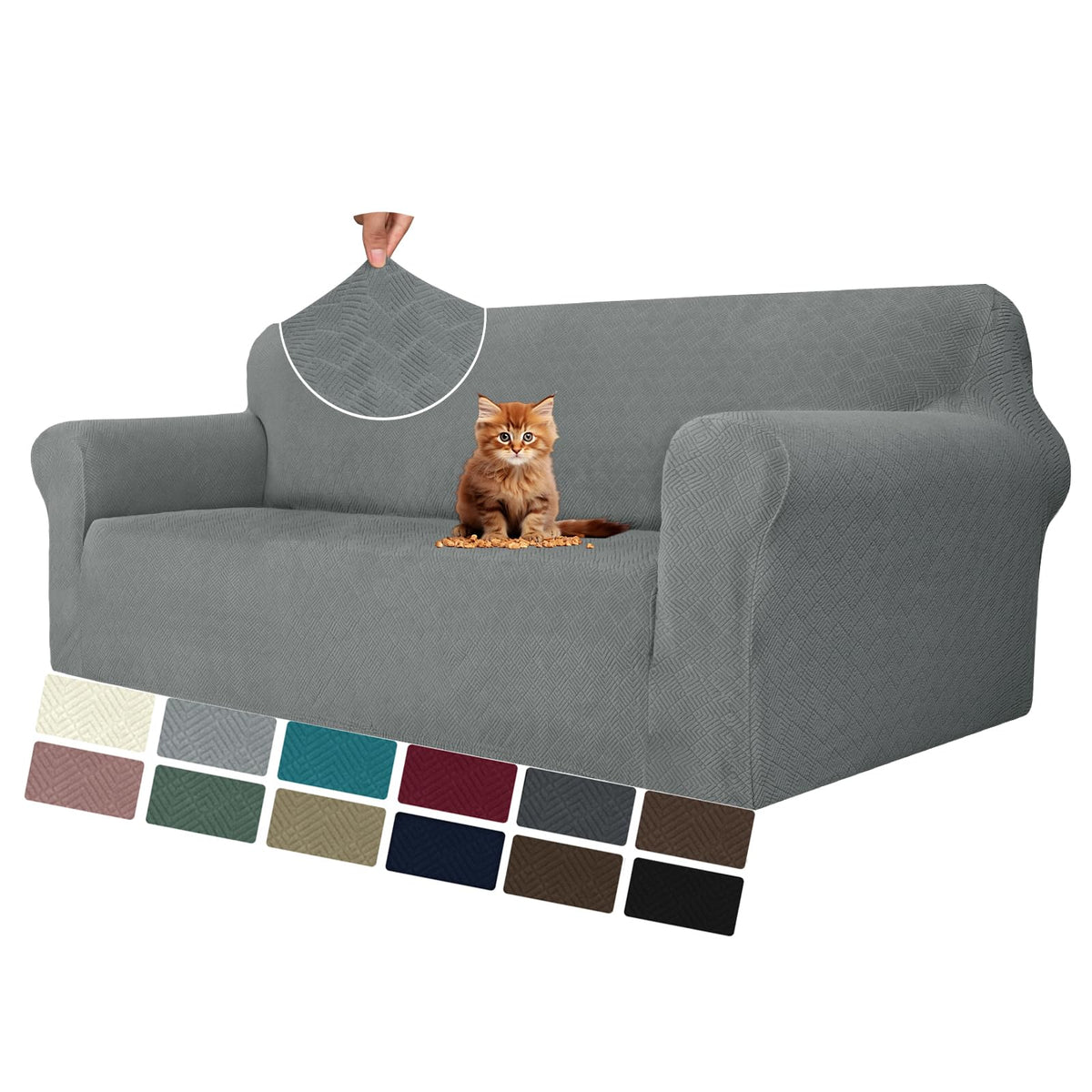 MAXIJIN Super Stretch Couch Cover for 3 Cushion Couch, 1-Piece Universal Sofa Covers Living Room Jacquard Spandex Furniture Protector Dogs Pet Friendly Fitted (Large, Gray)