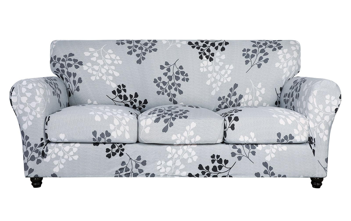 SearchI Stretch Sofa Cover Printed Couch Cover, Floral Pattern 4 Pieces Sofa Slipcover with 3 Separate Cushion Cover, Washable Furniture Protector for Living Room(Sofa, Yellow+Flower)