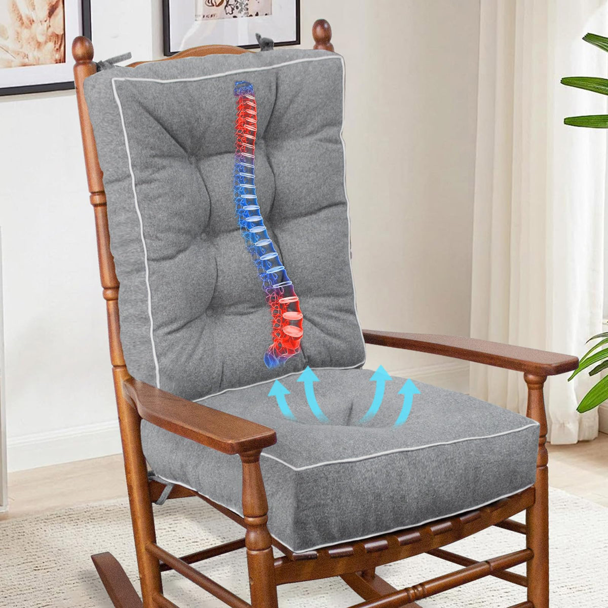 YZ HOME Rocking Chair Cushion,Set of Thicken Seat & Back Chair Cushions with Memory Foam,Non-Slip Chair Pad with Ties for for Indoor&Outdoor Rocker,Beige,22x17x5/17x17x5