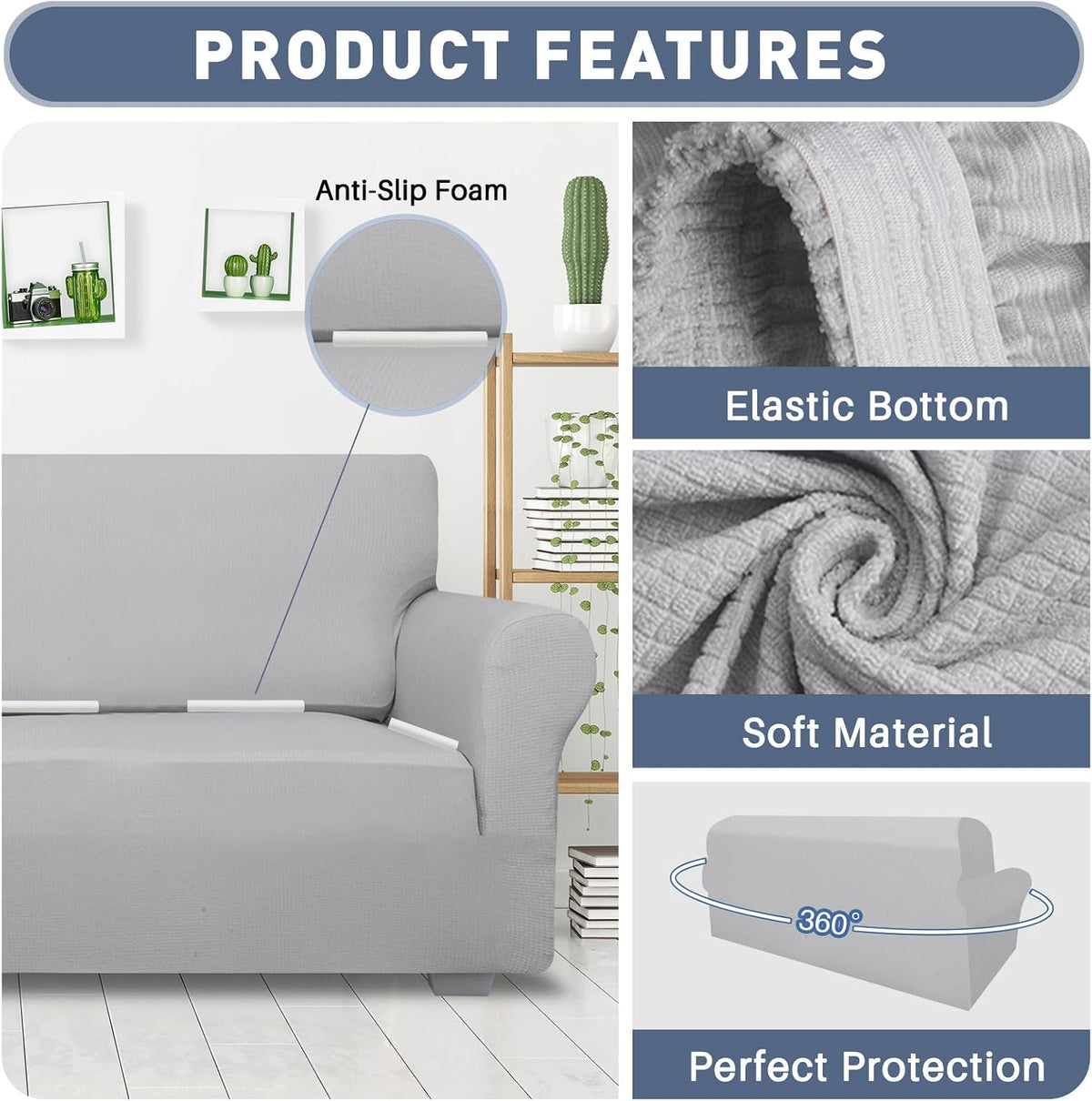 JIVINER High Stretch Couch Covers for 3 Cushion Couch 1-Piece Jacquard Sofa Slipcovers Anti Slip Sofa Cover with Elastic Bottom Furniture Protector for Kids Pets (Sofa, Light Gray and White)