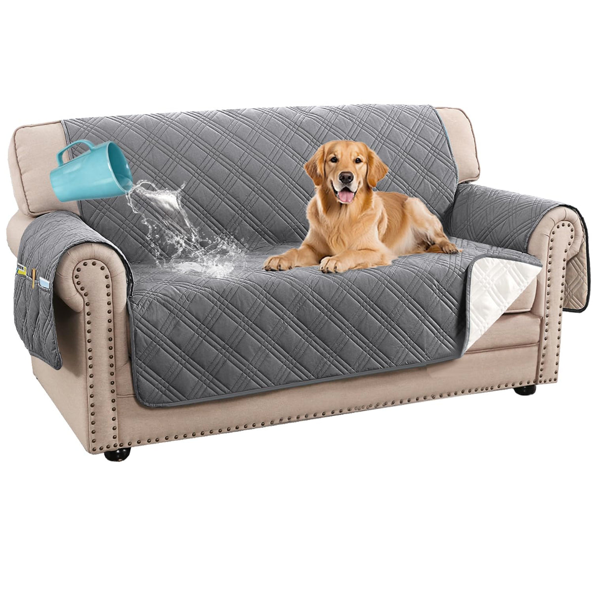 H.VERSAILTEX 100% Waterproof Couch Covers for 3 Cushion Couch Sofa Modern Sofa Slipcovers with Elastic Straps Thick Soft Furniture Protector Pet Friendly(Sofa, Grey/Beige)