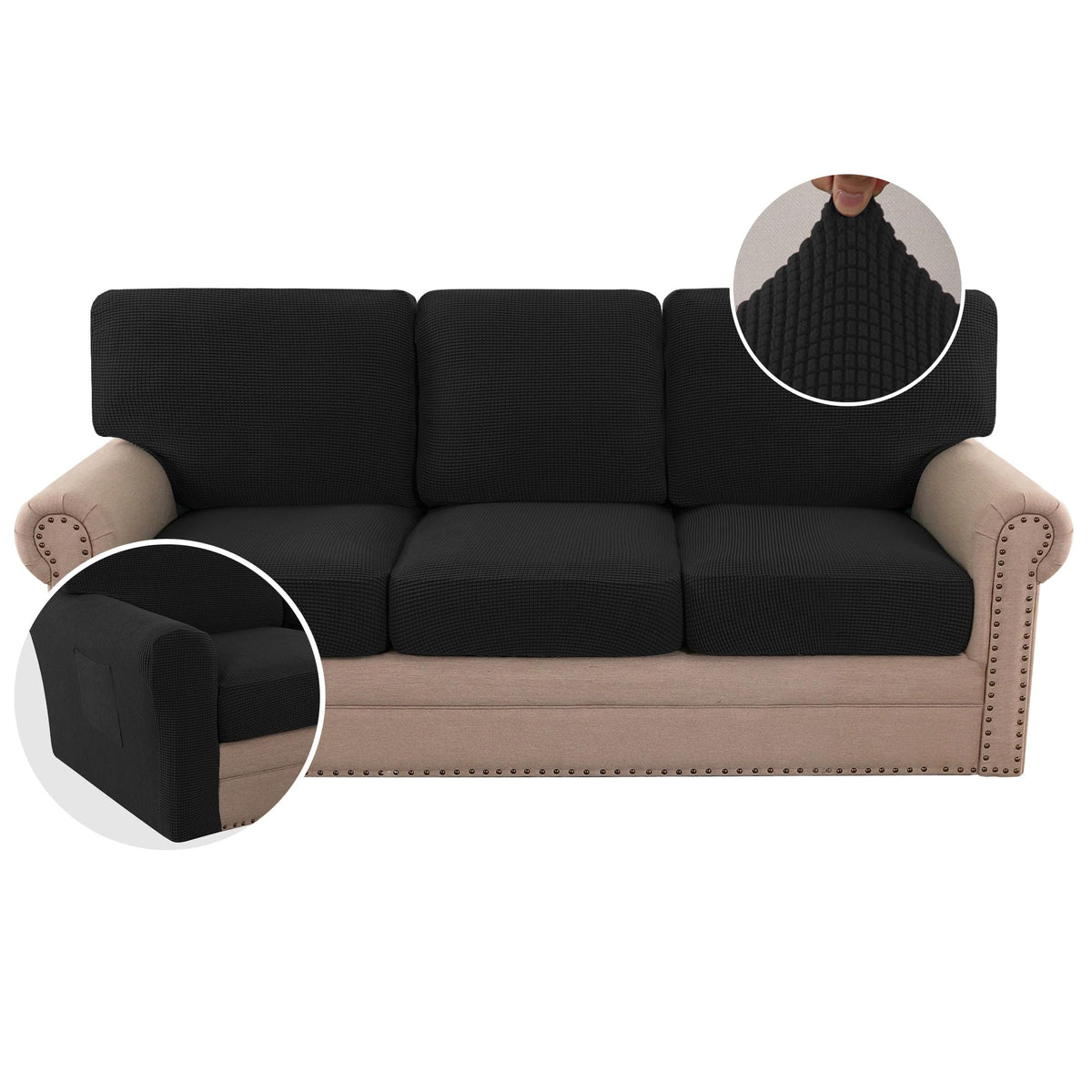 H.VERSAILTEX Multi-Pieces Sofa Covers Stretch Couch Covers Form Fitted Seats and Back Cushions Covers (3 Seat Covers Plus 3 Back Cusion Covers, Bonus 2 Armrest Covers), Sand