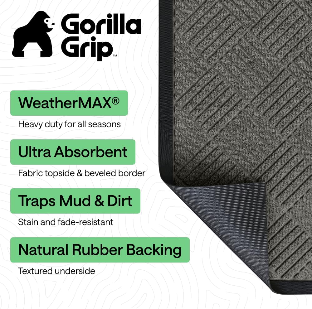 GORILLA GRIP WeatherMAX Door Mat, Indoor Outdoor Use, 29x17 Gray Diamond