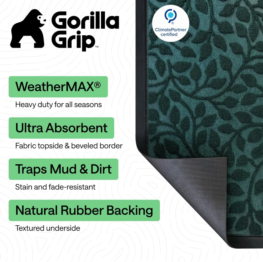 GORILLA GRIP WeatherMAX Door Mat, Indoor Outdoor Use, 29x17, Green Leaves