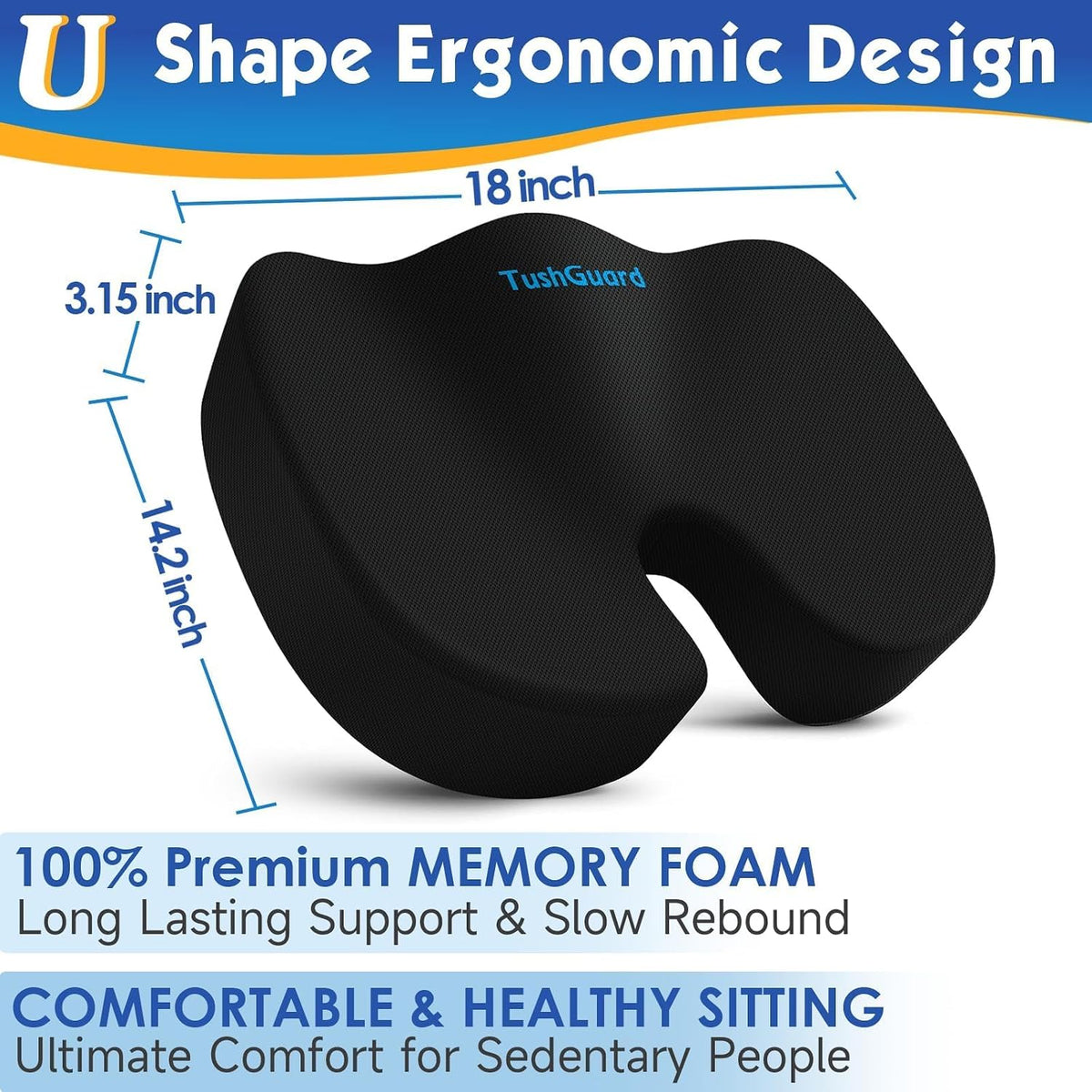 TushGuard Seat Cushion for Office Chair, Car, Memory Foam, Black Large