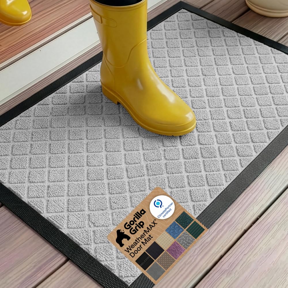 GORILLA GRIP WeatherMAX Door Mat, Indoor Outdoor Use, 29x17 Gray Diamond