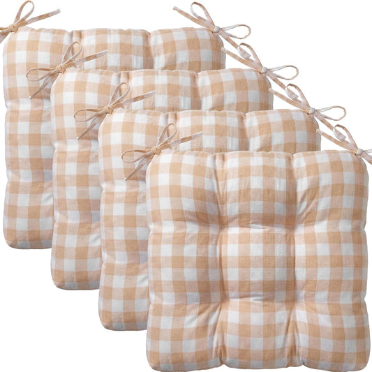 Geetery 4 Pack Chair Cushions, 16" x 15",Khaki and White,Plaid